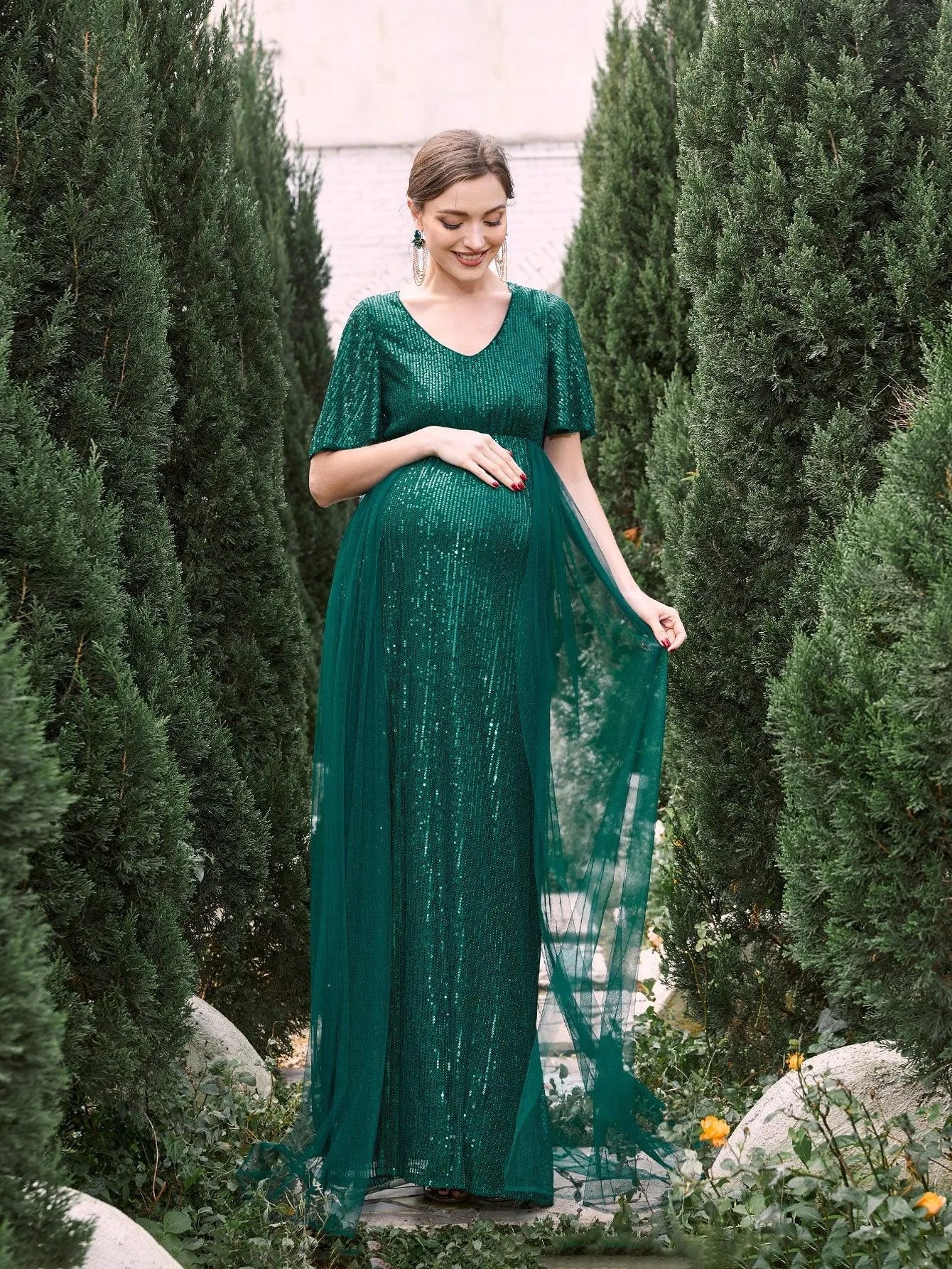 Maternity Mesh Overlay Puff Sleeves Sequin Prom Dress Dark Green / XXL Maternity Mesh Overlay Puff Sleeves Sequin Prom Dress Dark Green / XXL