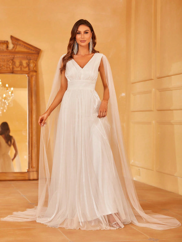 Plunging Neck A Line Wedding dress With Cape