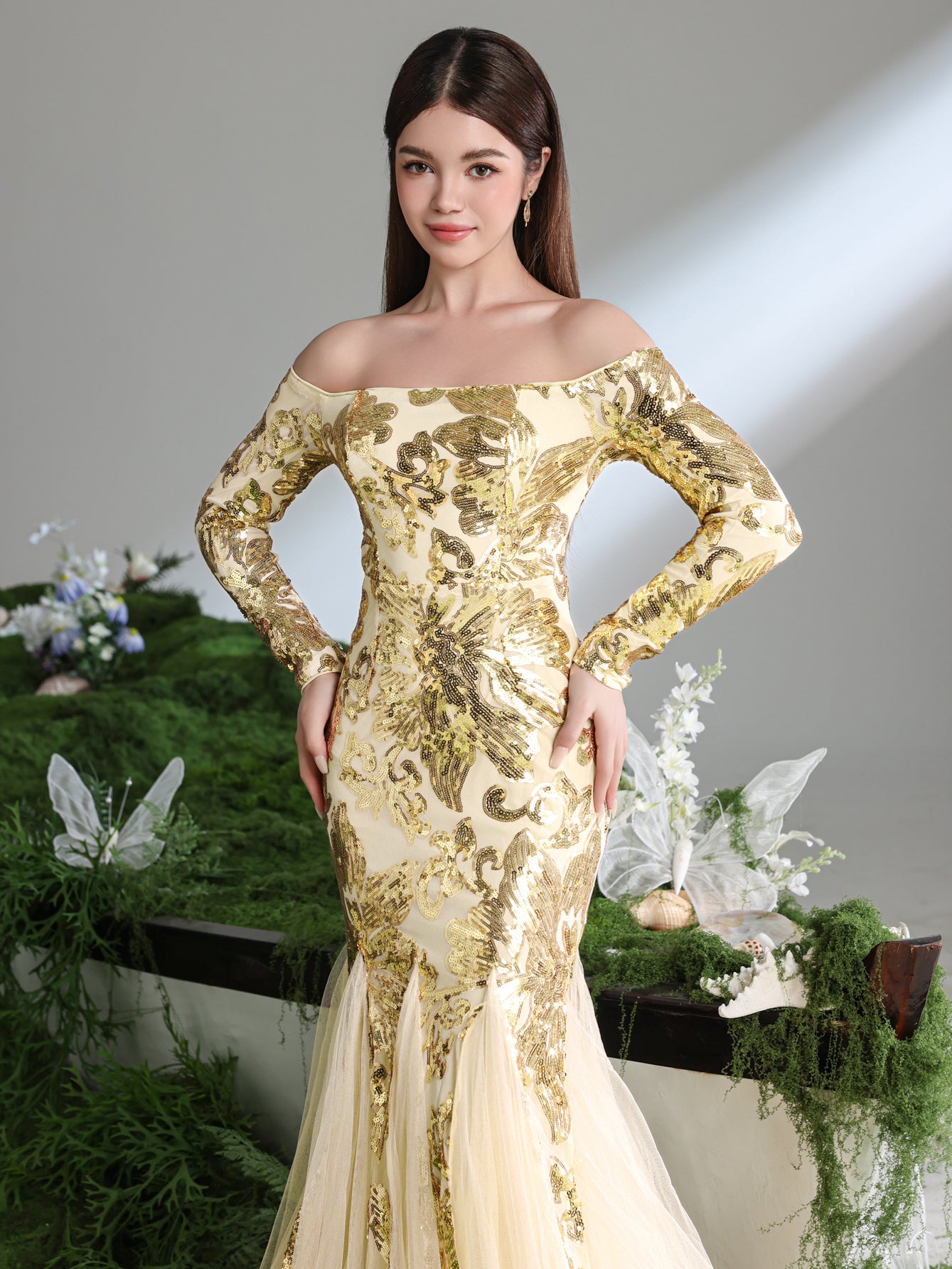 Teen Girls' Off Shoulder Long Sleeves Contrast Mesh Mermaid Hem Floral Sequin Party Dress