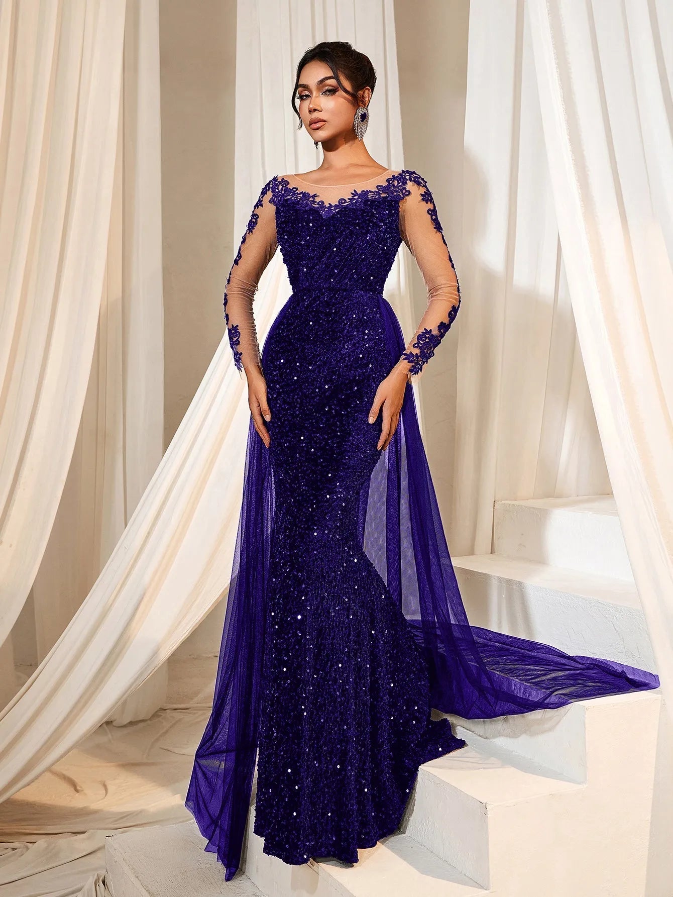 Elegant Sheer Sleeves Mesh Train Sequin Evening Dress Royal Blue / S Elegant Sheer Sleeves Mesh Train Sequin Evening Dress Royal Blue / S