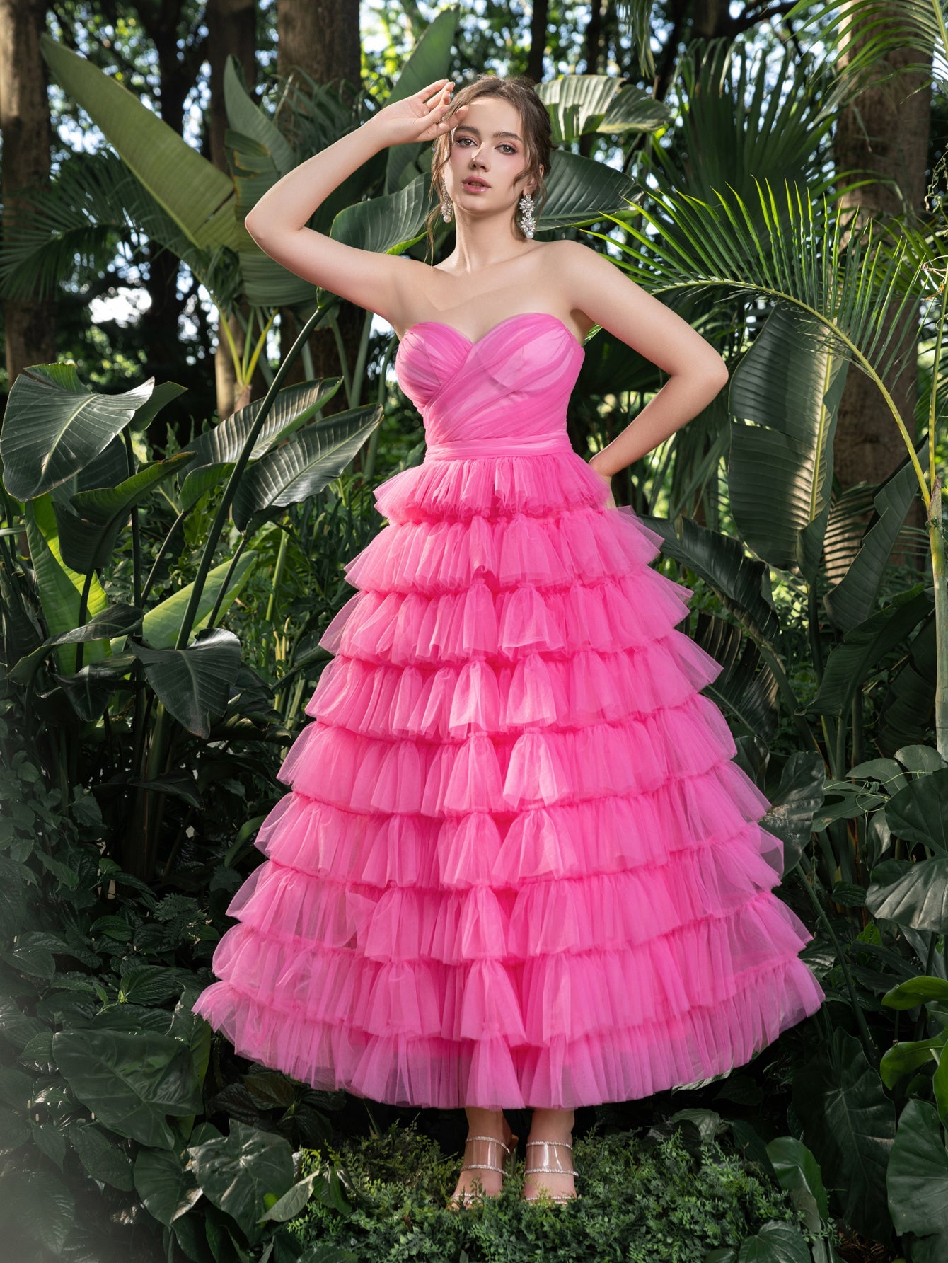 Elegant Strapless Midi Tulle Gown with Ruffled Layers Voluminous Dr Hot Pink / XS Elegant Strapless Midi Tulle Gown with Ruffled Layers Voluminous Dr Hot Pink / XS