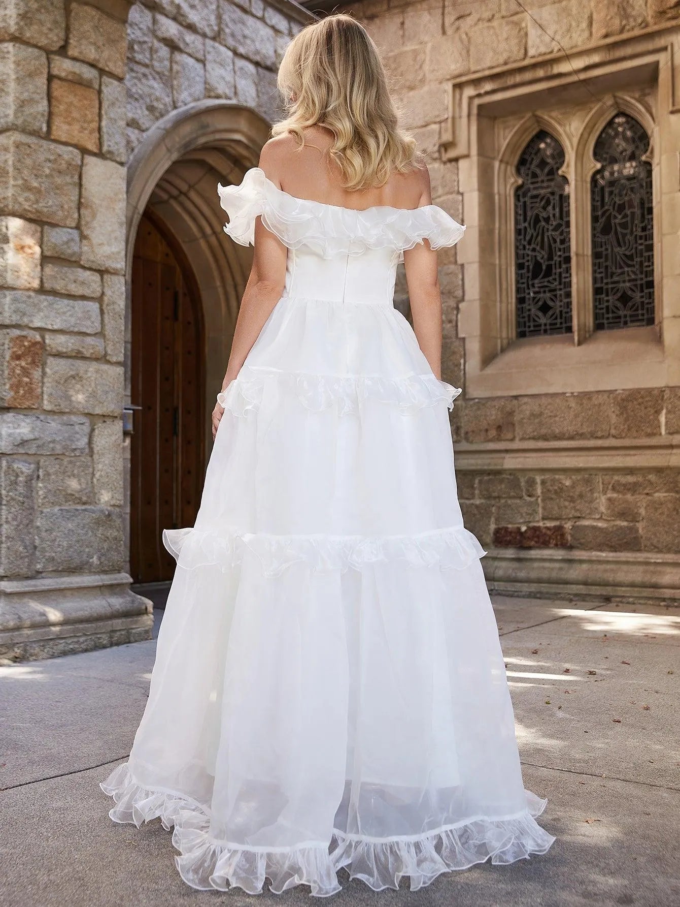 Off Shoulder Ruffle Trim Layered Hem Wedding Dress White / M Off Shoulder Ruffle Trim Layered Hem Wedding Dress White / M