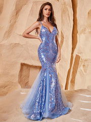 Back Lace Up Sequin Dresses With Organza Mermaid Hem