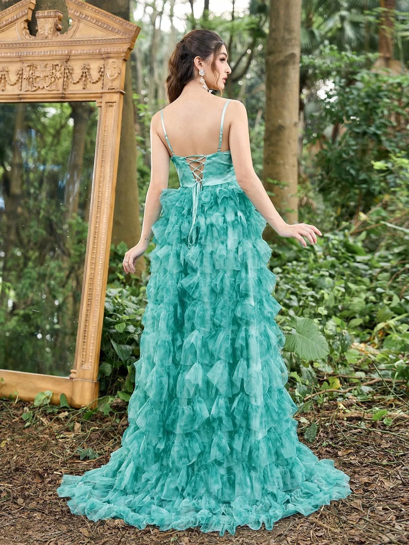 Elegant Plunging Neck Ruffle Layered Hem Floral Tulle Slip Prom Dress Green / M Elegant Plunging Neck Ruffle Layered Hem Floral Tulle Slip Prom Dress Green / M