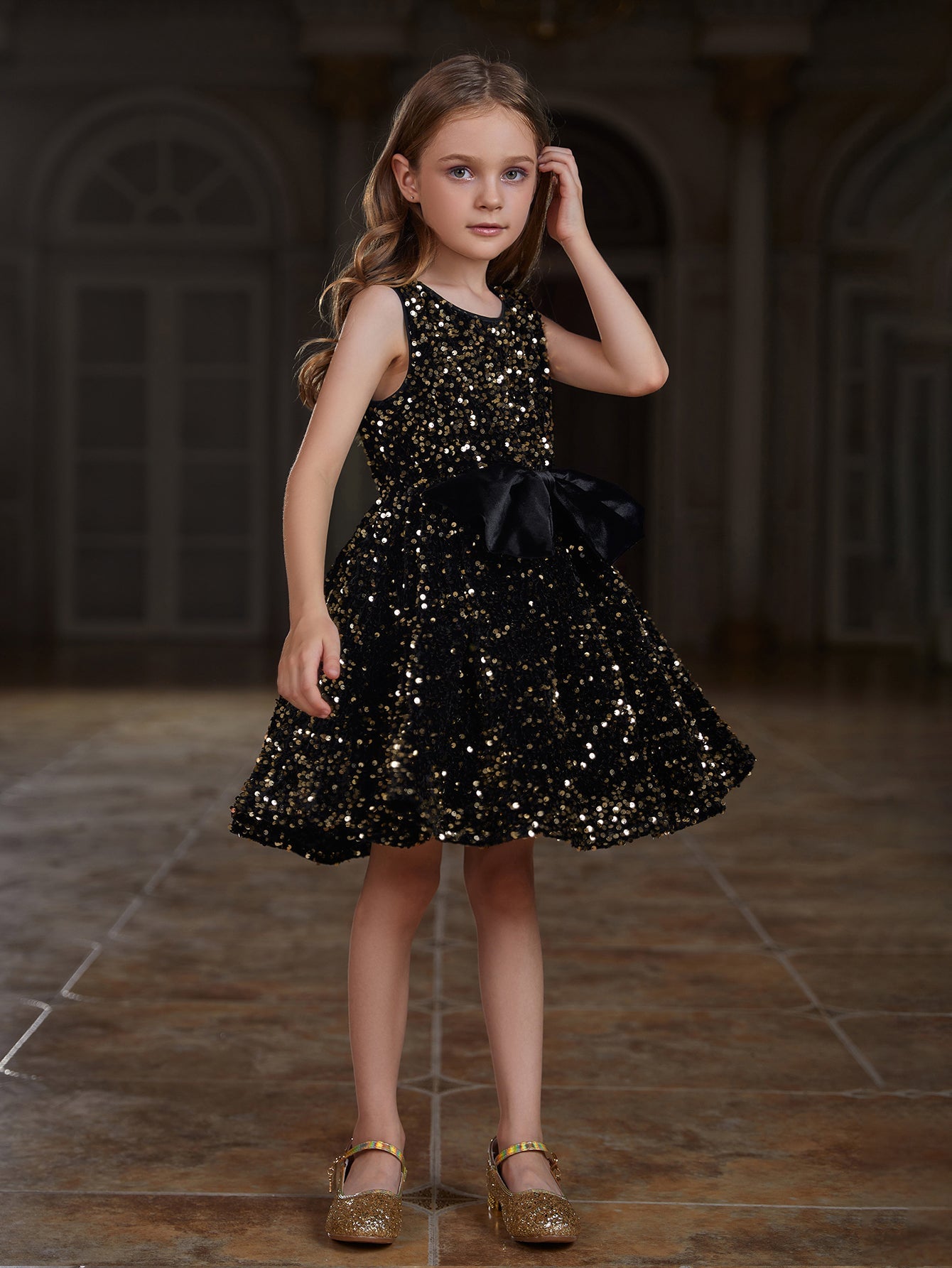 Girl's Cute Sleeveless Bow Front Sequin A Line Dress