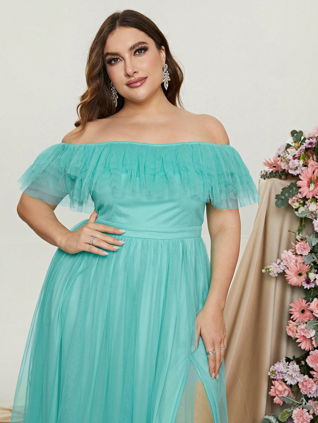 Plus Off Shoulder Layered Tulle A Line Dress