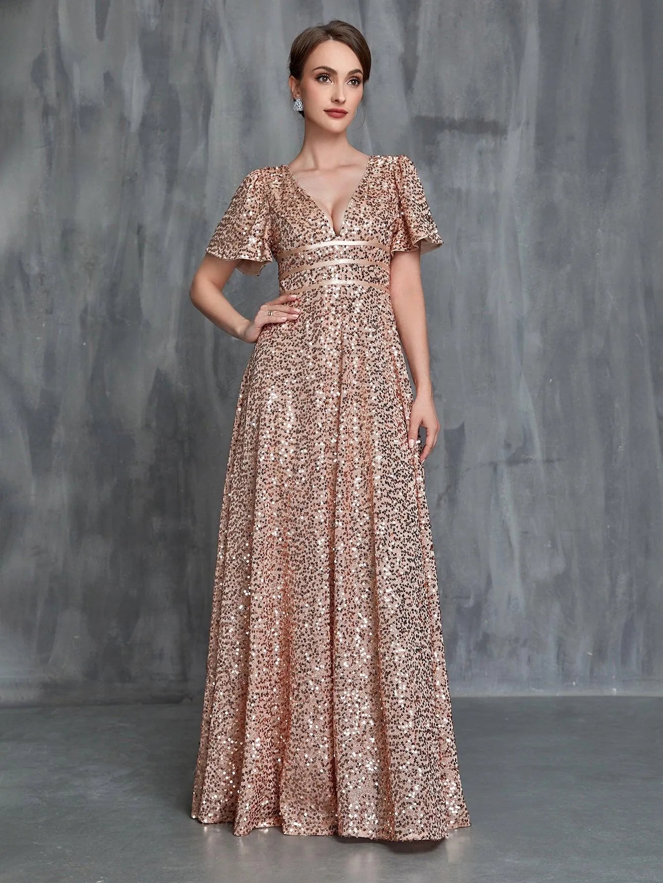 Womens' Plunging Neck Butterfly Sleeves Sequin Formal Dress Champagne / M Womens' Plunging Neck Butterfly Sleeves Sequin Formal Dress Champagne / M