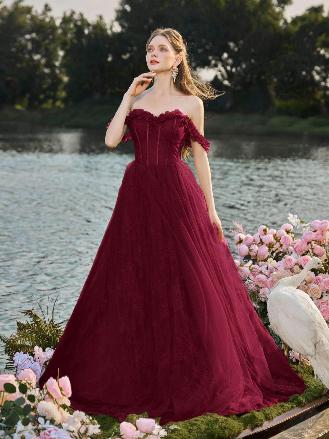 Elegant Off Shoulder Lace Bodice Contrast Tulle Hem Wedding  Dress