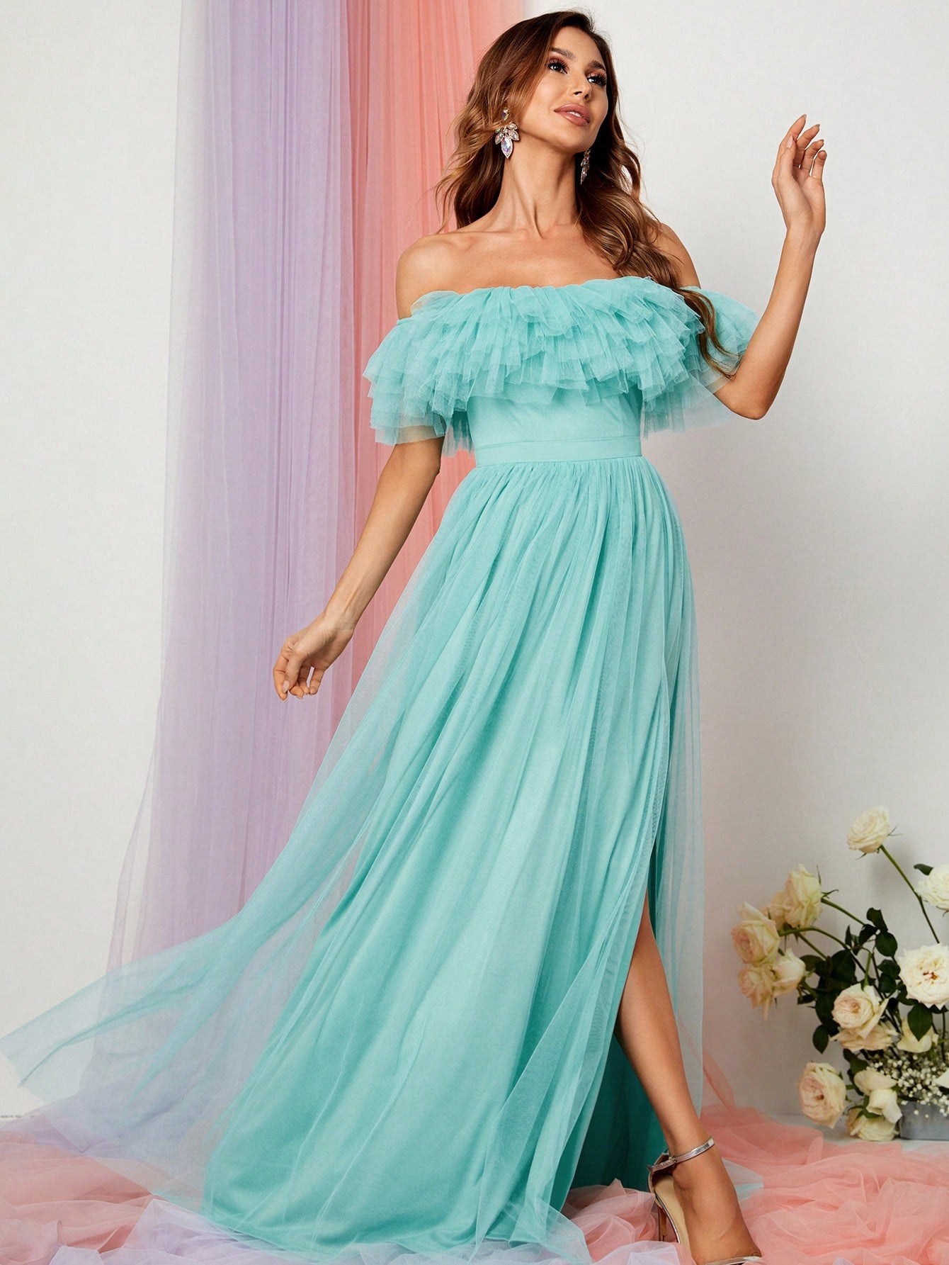 Off Shoulder Ruffle Trim Split Thigh A Line Dress Purple / M