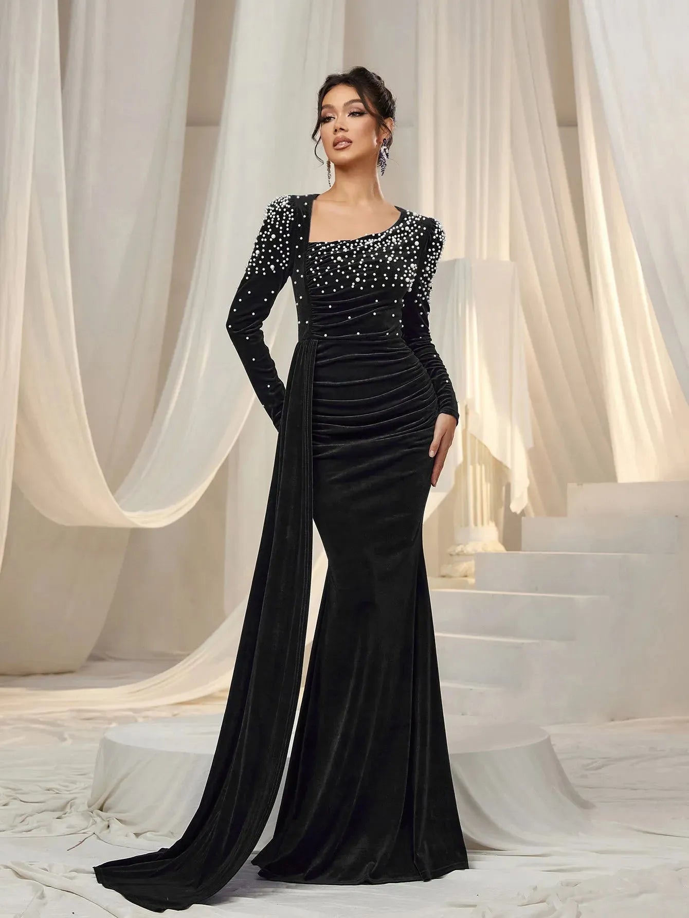 velvet formal dress with sleeves Luxury Black Velvet Fit & Flare Dress with Long Sleeves
