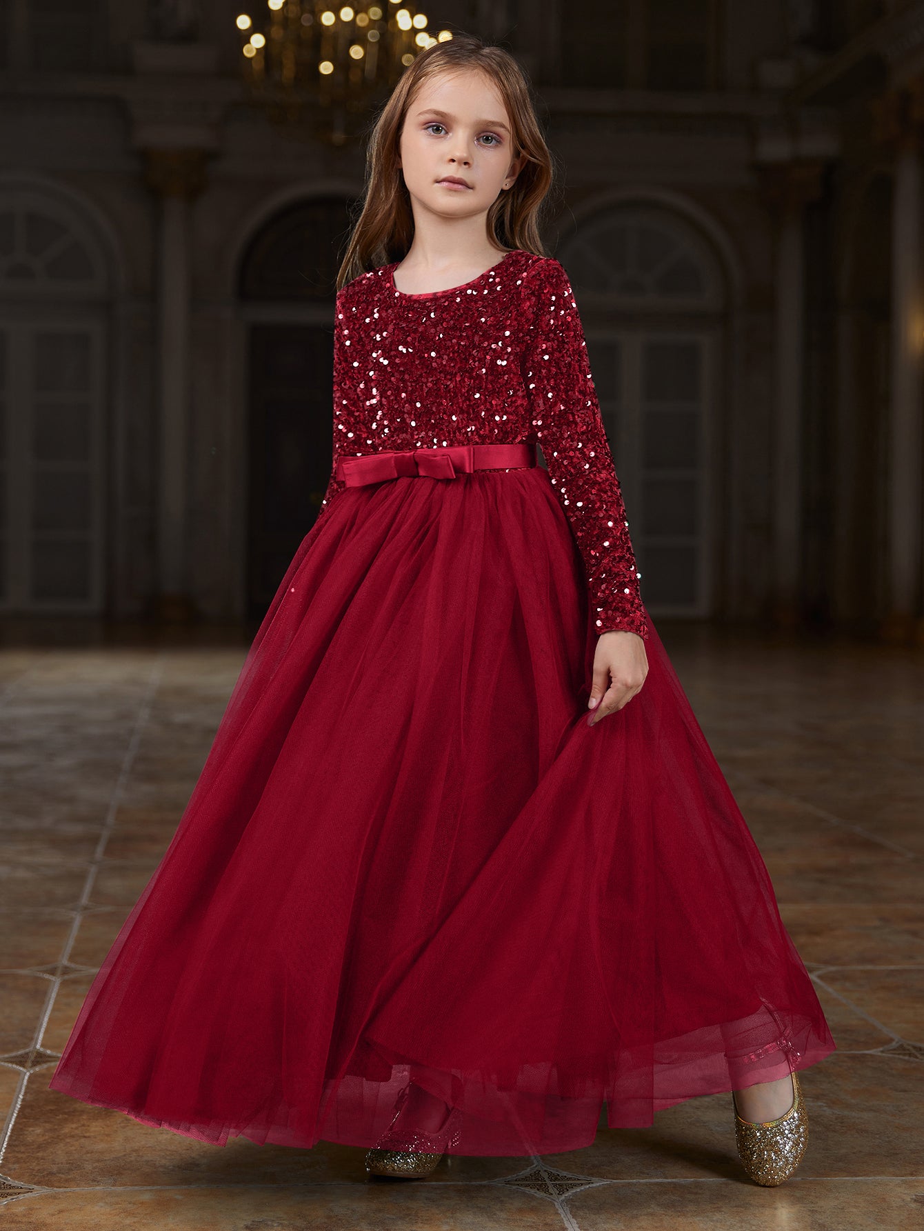 long dress for girls Tween Girls' Round Neck Long Sleeve Mesh Hem Party Dress Dark Green / 9Y