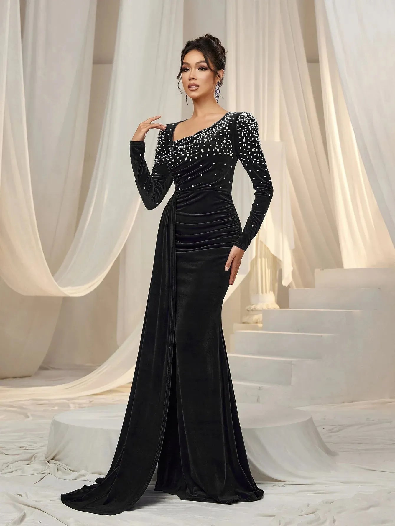 Elegant Pearl Embellished Diagonal Neck Mermaid Hem Velvet Evening Dr Black / XS Elegant Pearl Embellished Diagonal Neck Mermaid Hem Velvet Evening Dr Black / XS