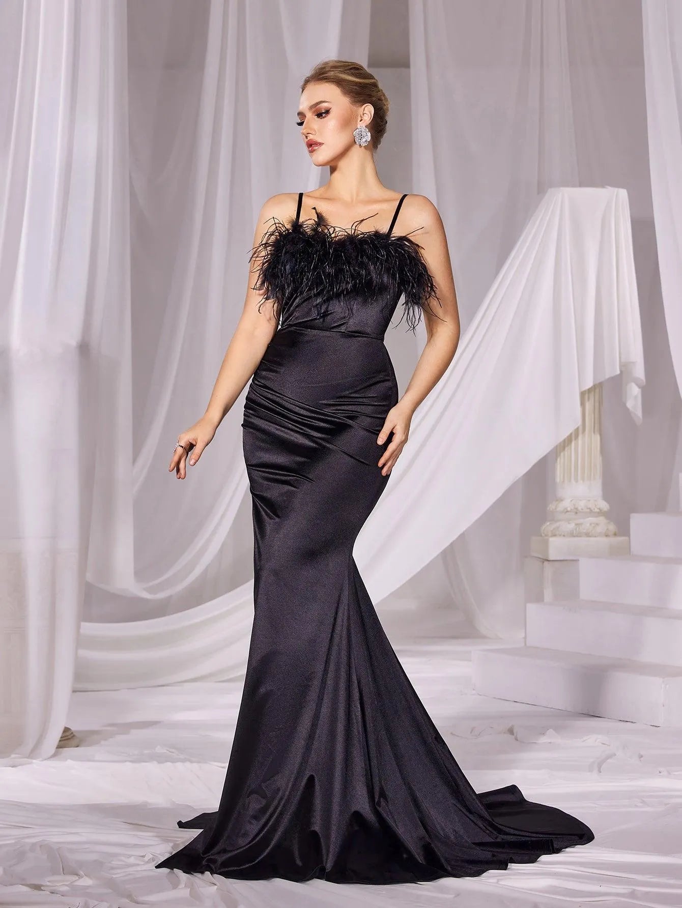 feather trim party dress Glamorous Dusty Pink Feather Trim Halter Beaded Evening Dress SS124