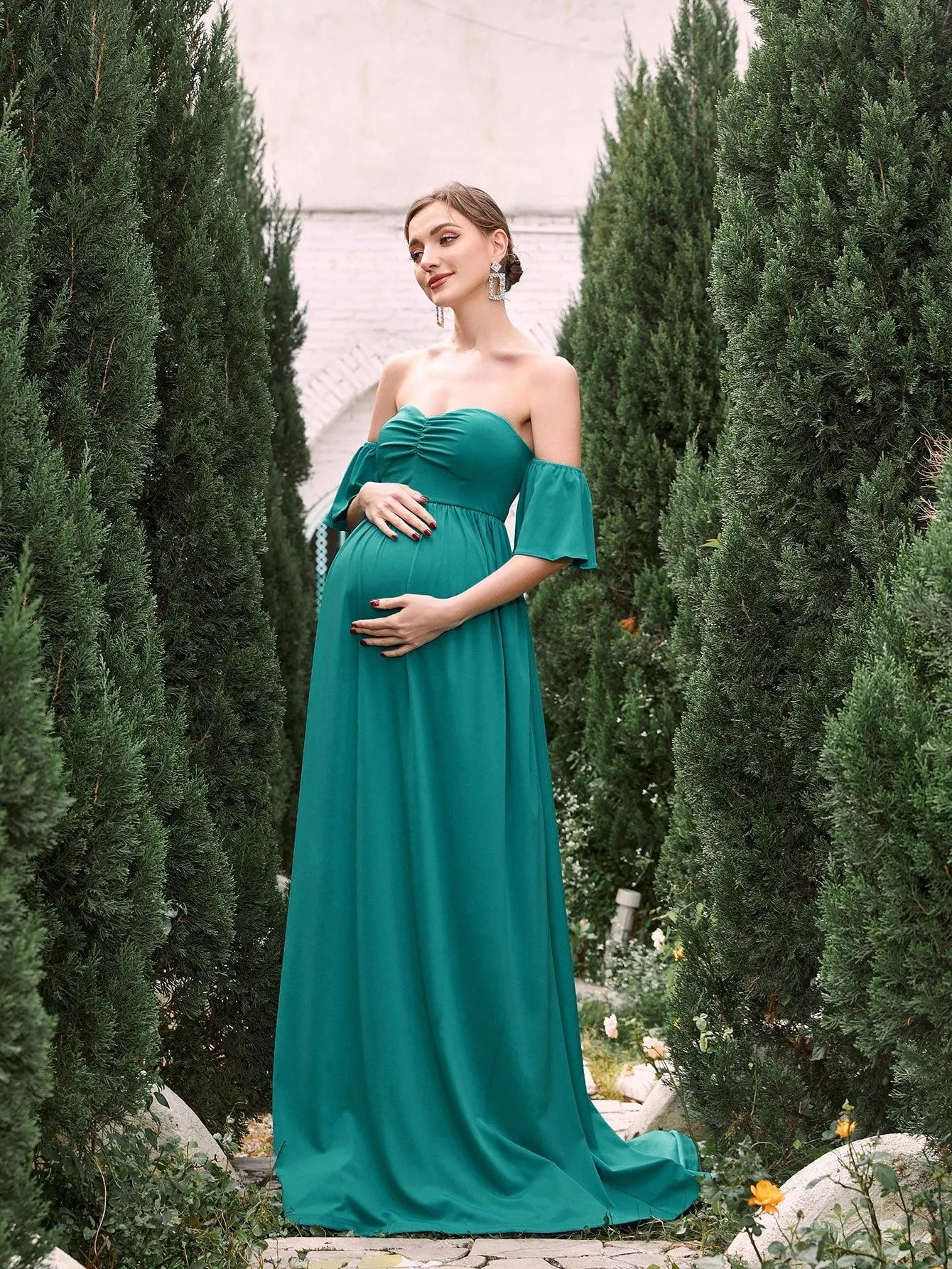 Maternity Off Shoulder Flared Sleeves Maxi Prom Dress Green / L Maternity Off Shoulder Flared Sleeves Maxi Prom Dress Green / L
