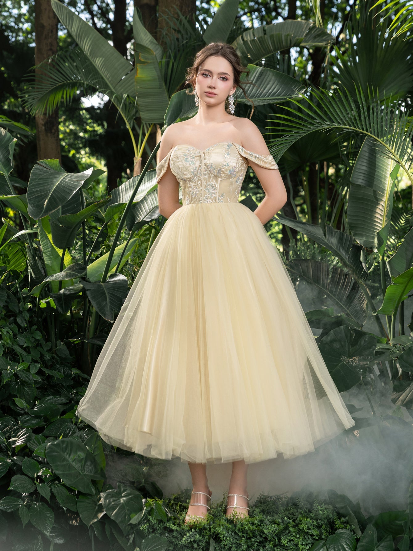 Midi Luxurious Off-Shoulder Gown with Intricate Sequin & Tiered Tulle Apricot / XL