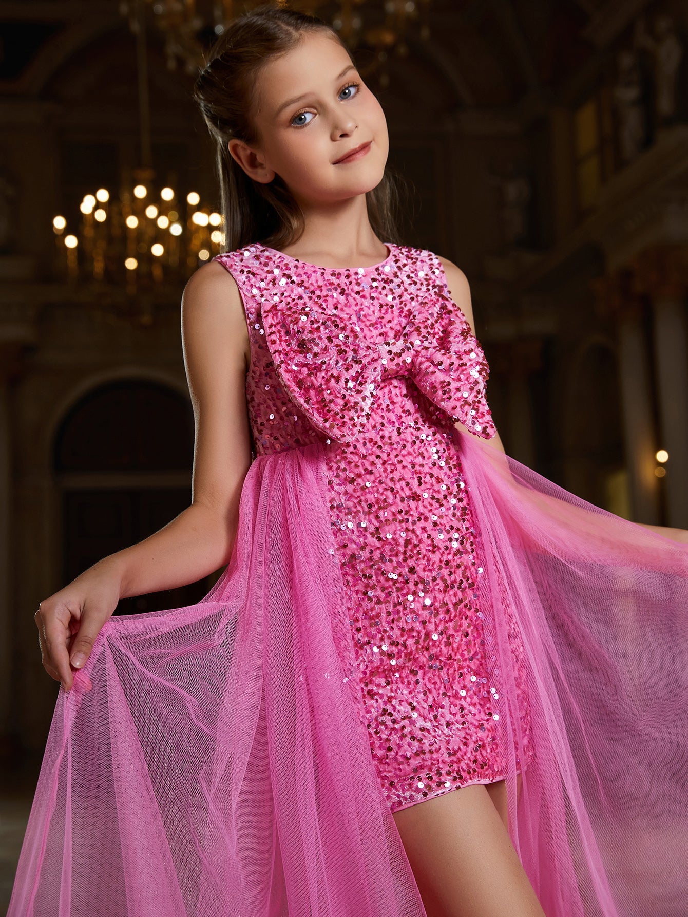 Girl's Bow Front Mesh Overlay Sequin Mini Dress