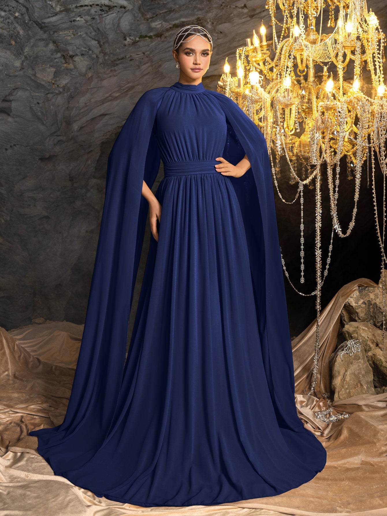 Elegant Mock Neck Cloak Sleeve Chiffon Formal Dress Navy Blue / S