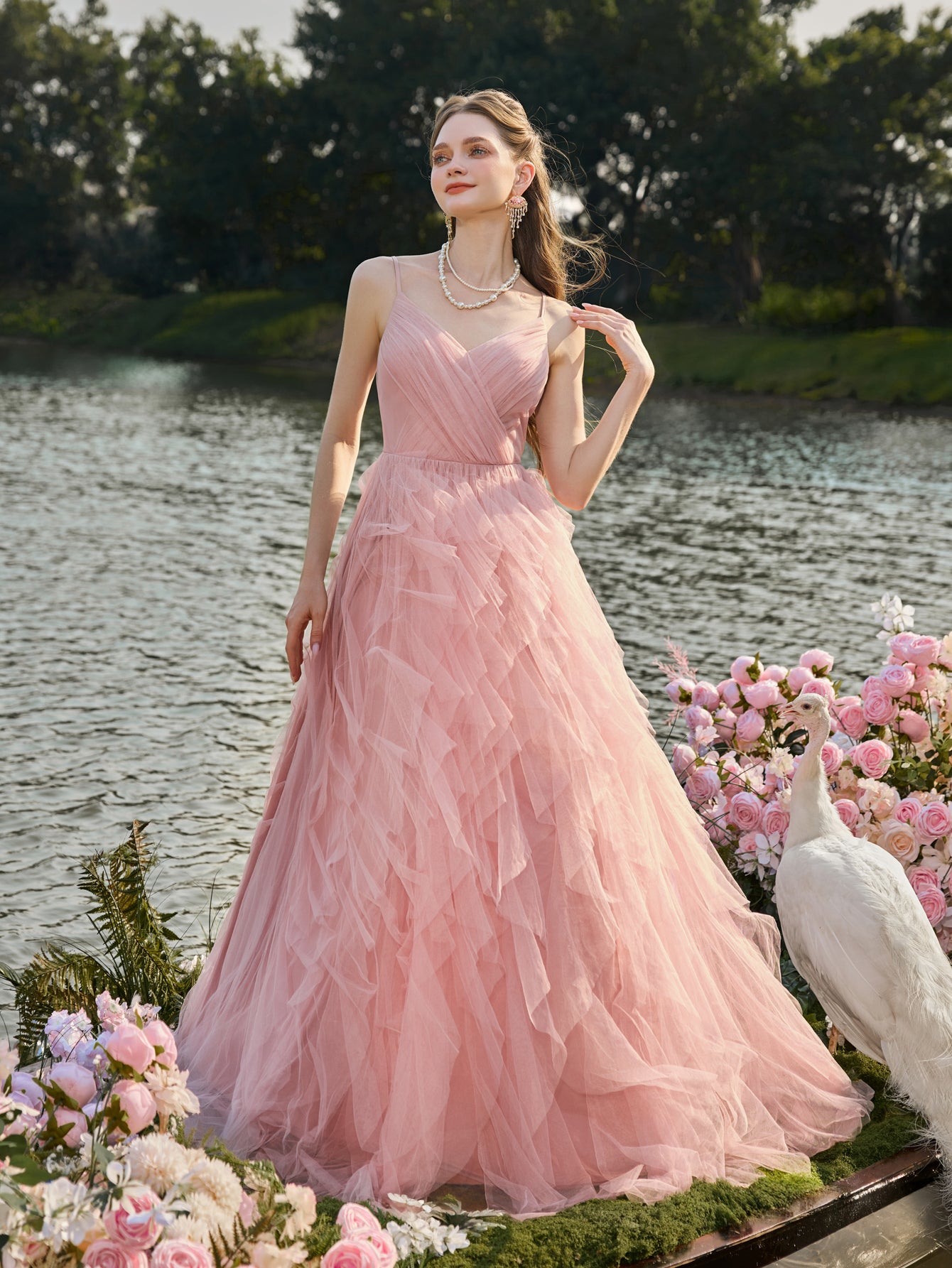 Elegant V Neck Mesh Overlay Cami Wedding Dress