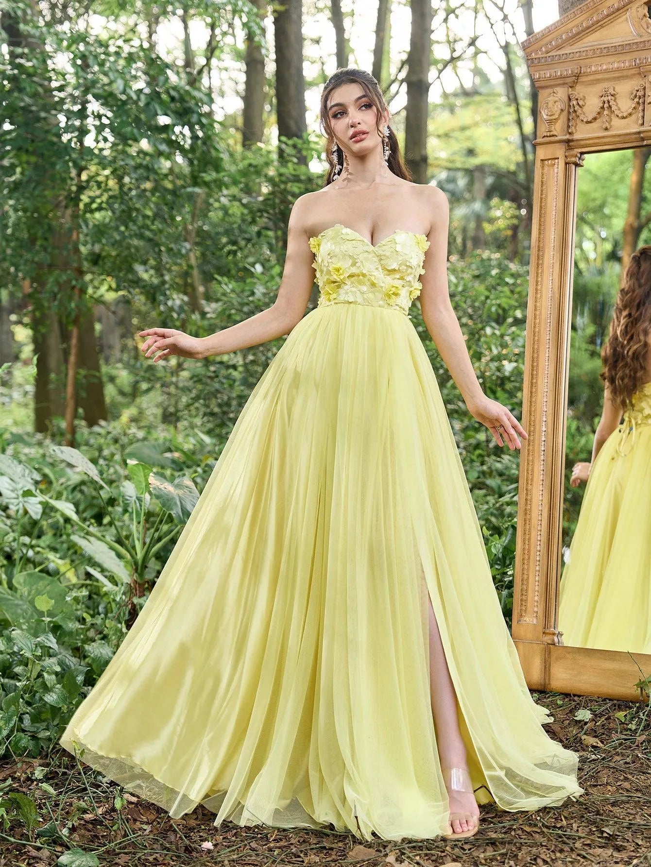 Elegant Applique Detail Bustier Split Tulle Prom Tube Dress Yellow / XS Elegant Applique Detail Bustier Split Tulle Prom Tube Dress Yellow / XS