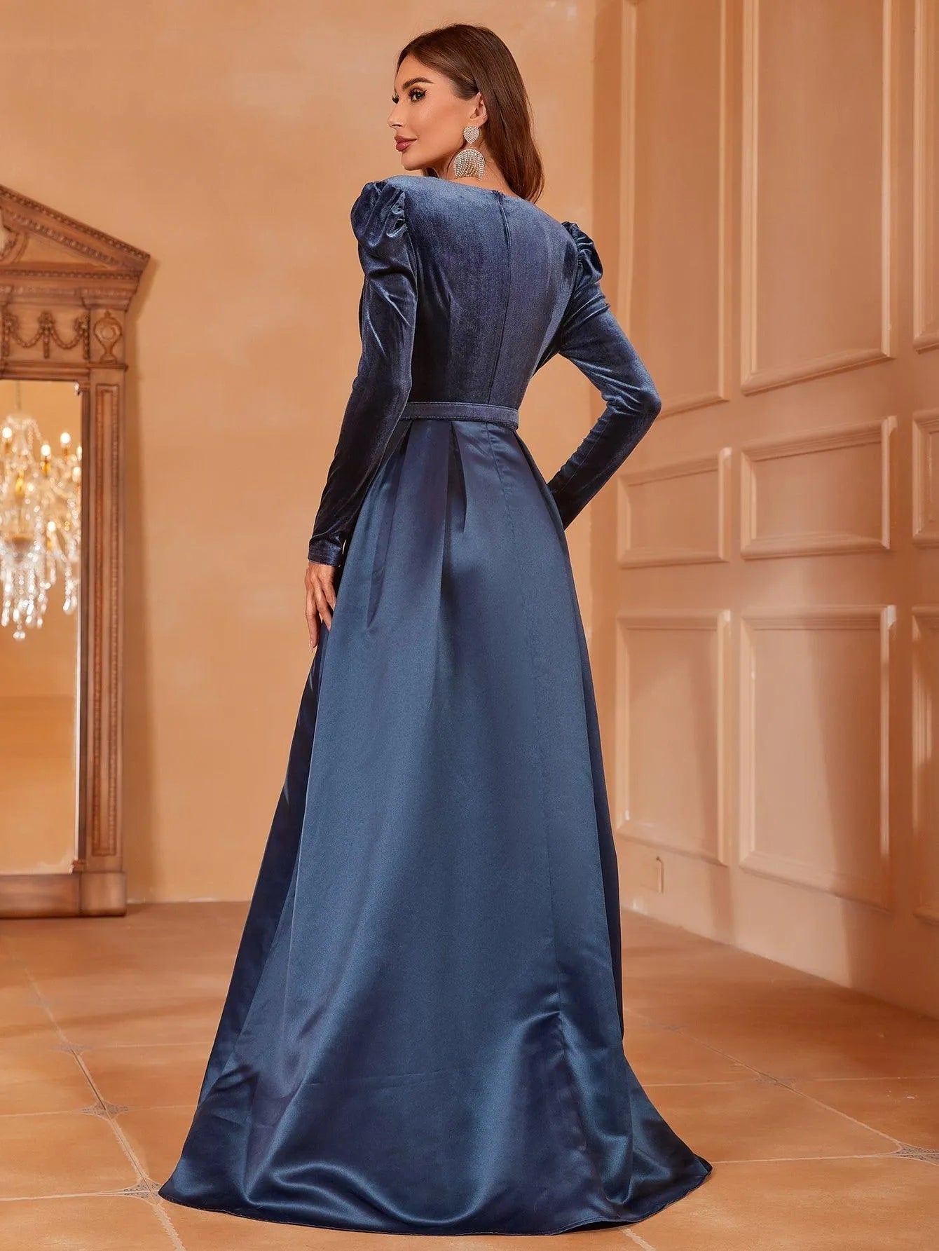 Surplice Neck Long Sleeves Belted Satin A Line Dress Navy blue / XS