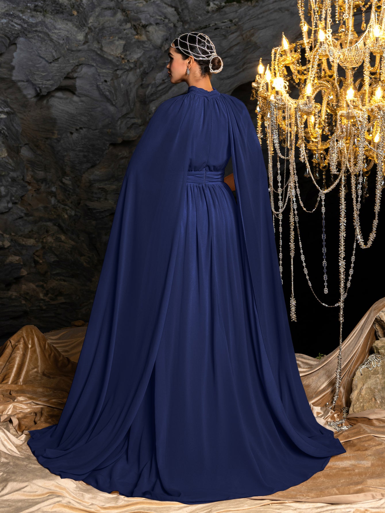 Elegant Mock Neck Cloak Sleeve Chiffon Formal Dress