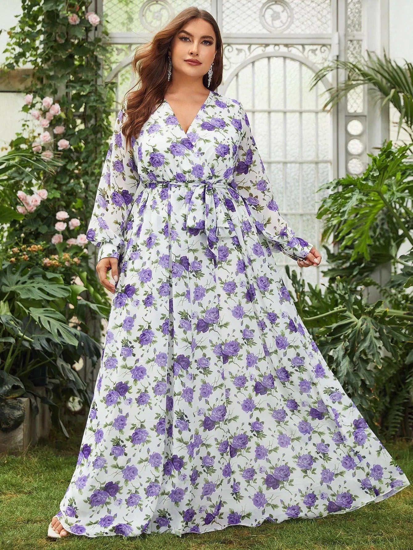 Plus Surplice Neck Floral Chiffon Belted Dress White / 3XL