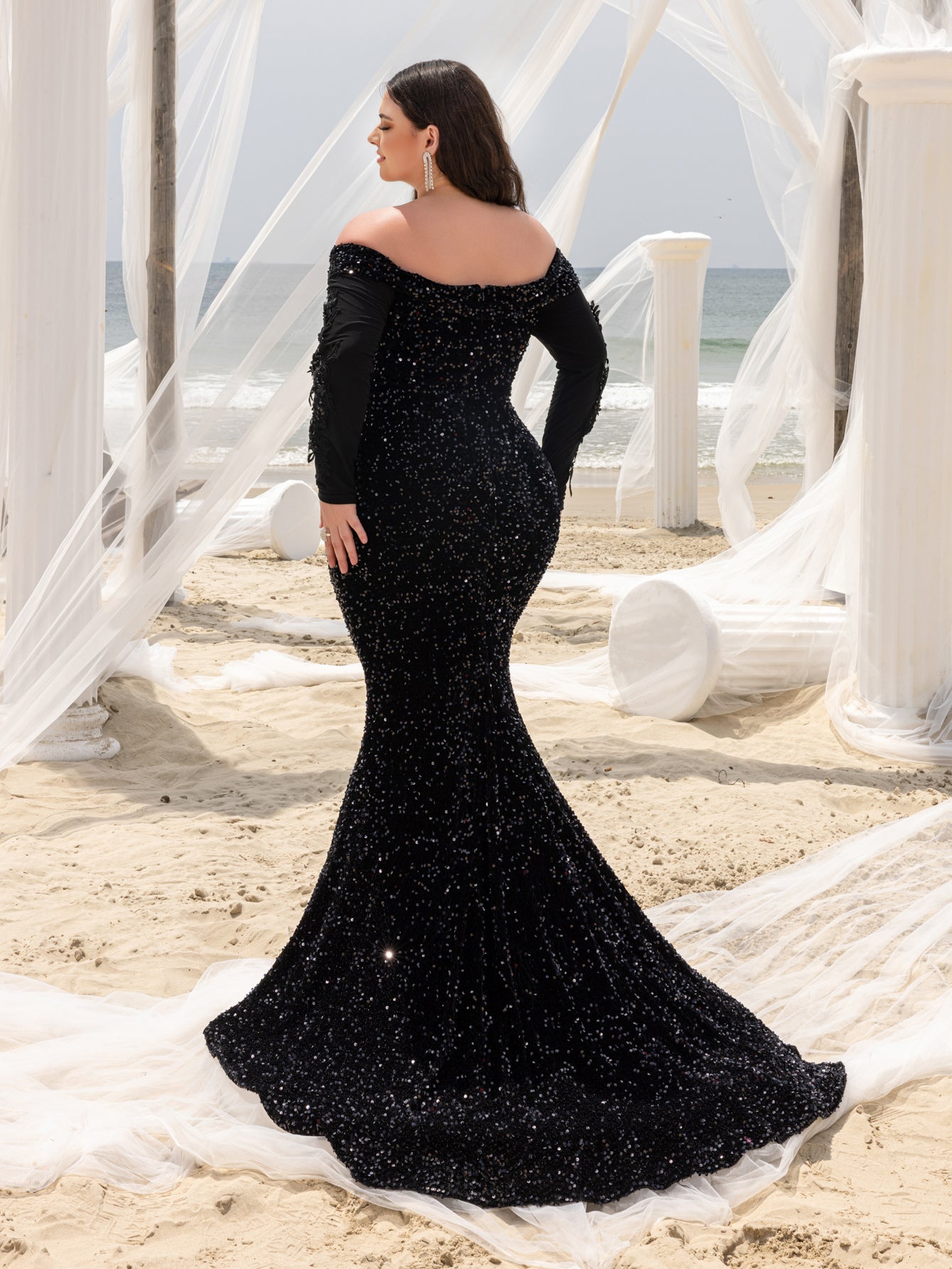 Plus Gorgeous Off Shoulder Mermaid Hem Sequin Evening Dress