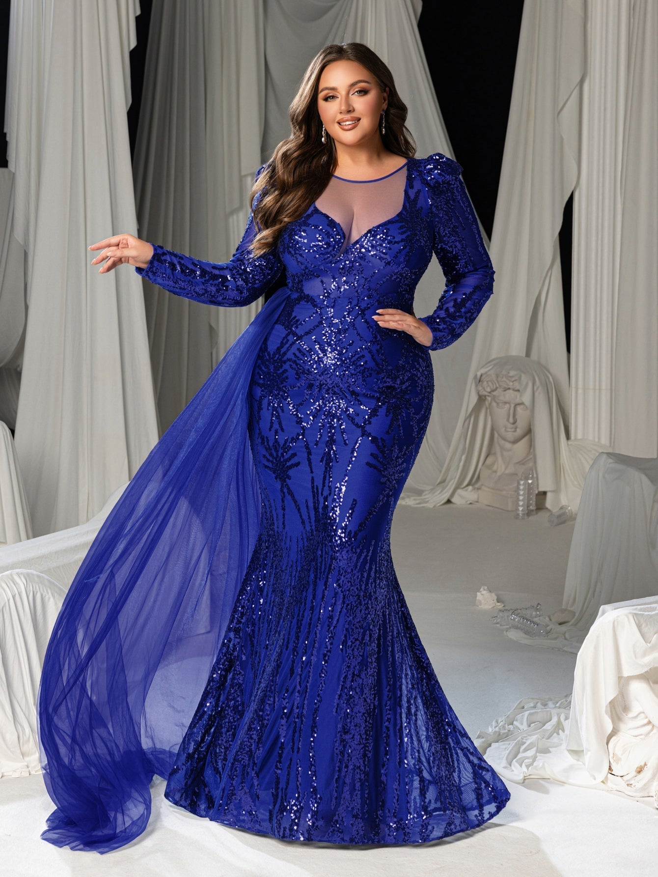 Gorgeous Graphic Sequin Sheer Overlay Mermaid Hem Evening Dress