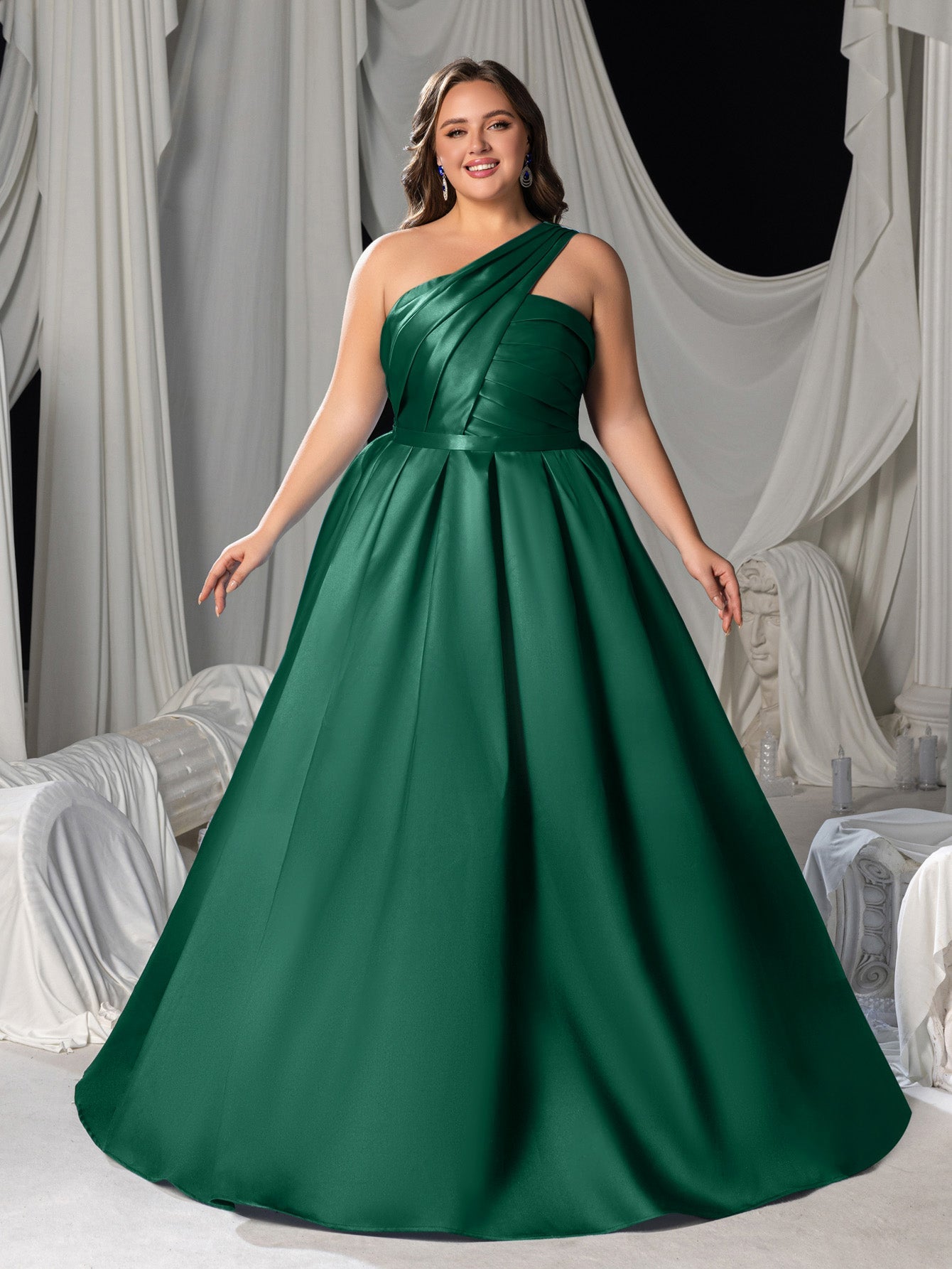Plus One-Shoulder Satin Gown with Pleated Shoulders, Crisscross Back Straps & Floor-Length Skirt