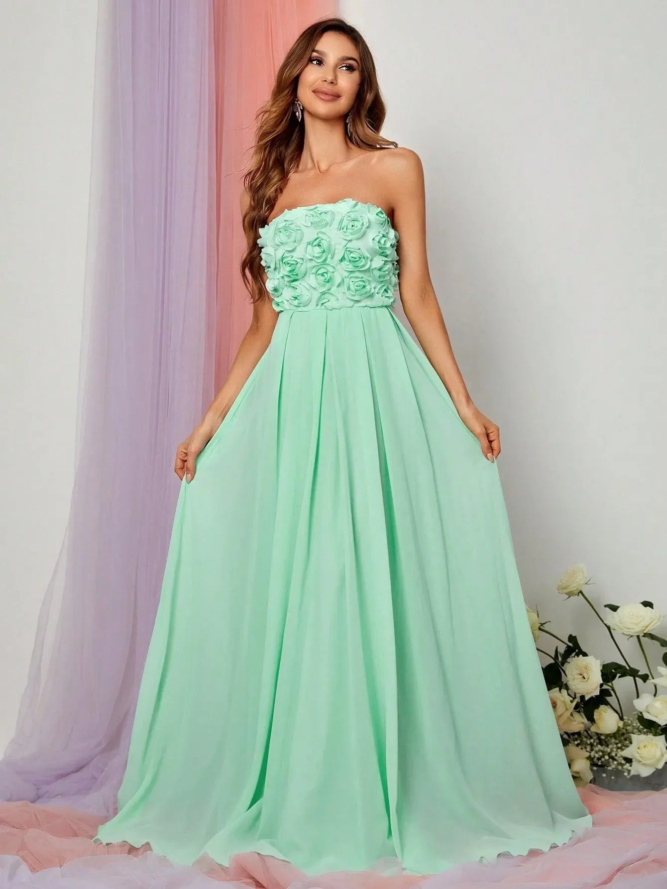 Elegant 3D Flower Chiffon Tube Bridesmaids Dress
