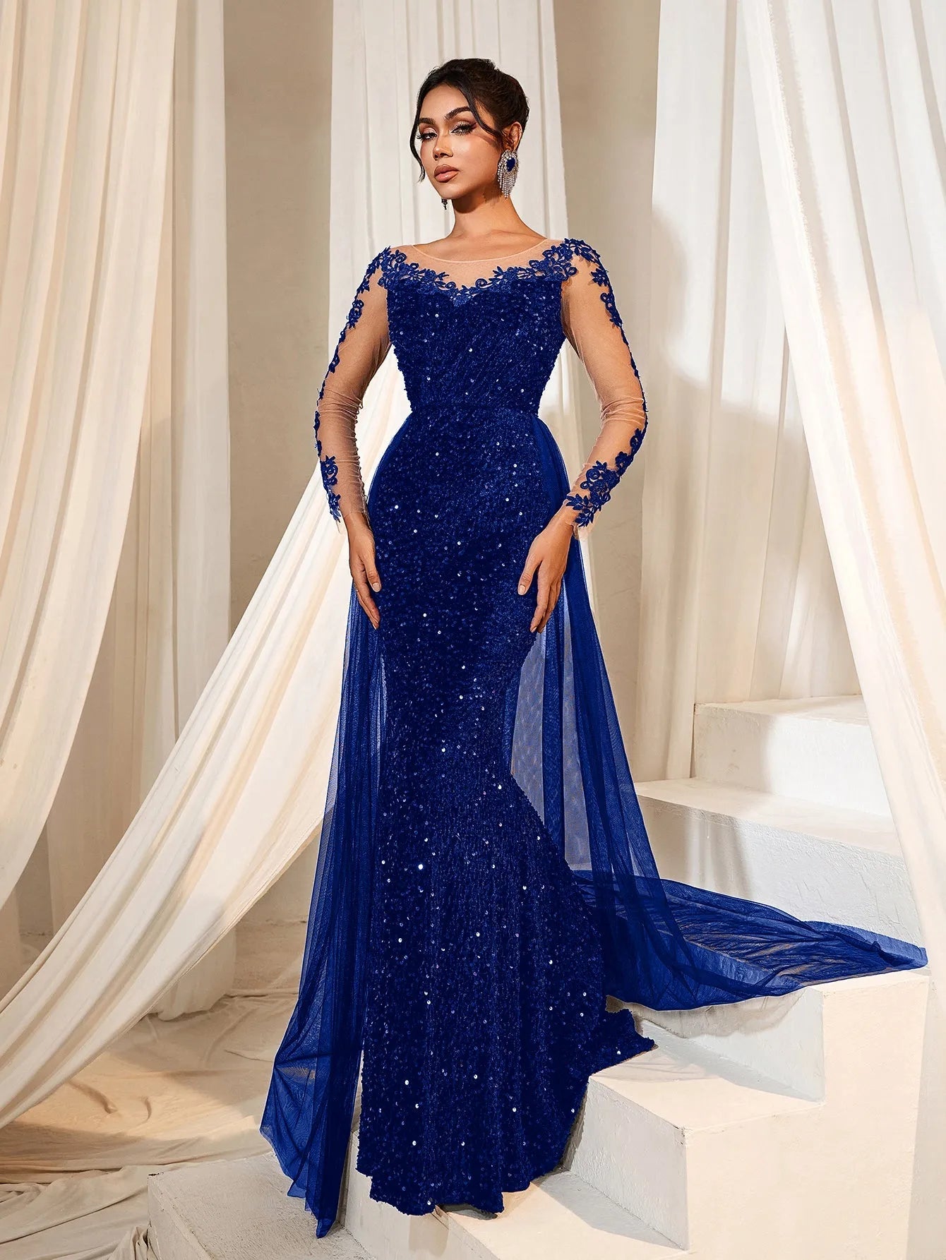 Elegant Sheer Sleeves Mesh Train Sequin Evening Dress Royal Blue / S Elegant Sheer Sleeves Mesh Train Sequin Evening Dress Royal Blue / S