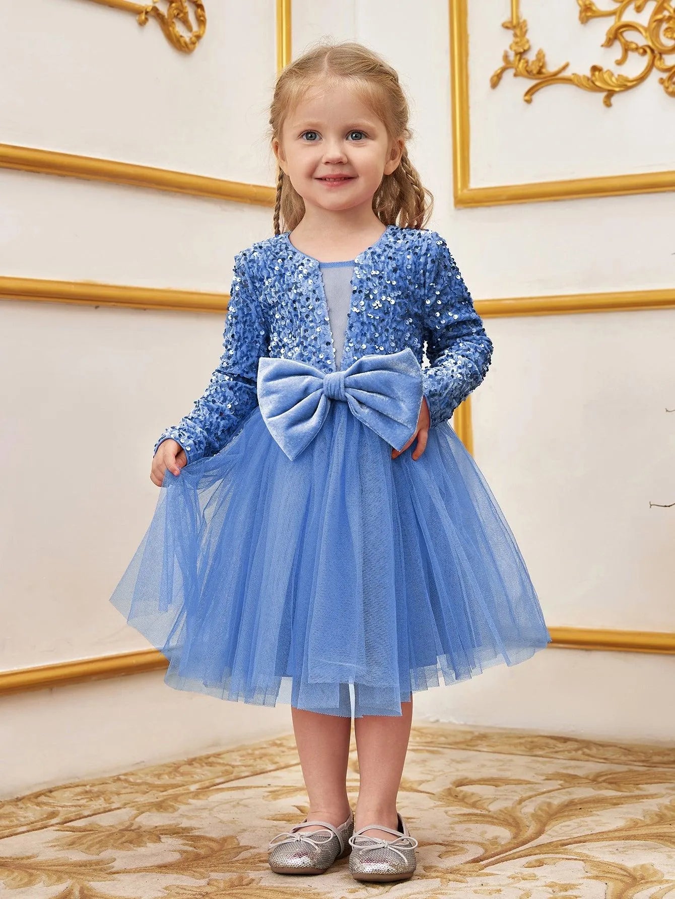 bow dress long sleeve Motion Black Mesh With Velvet Bow