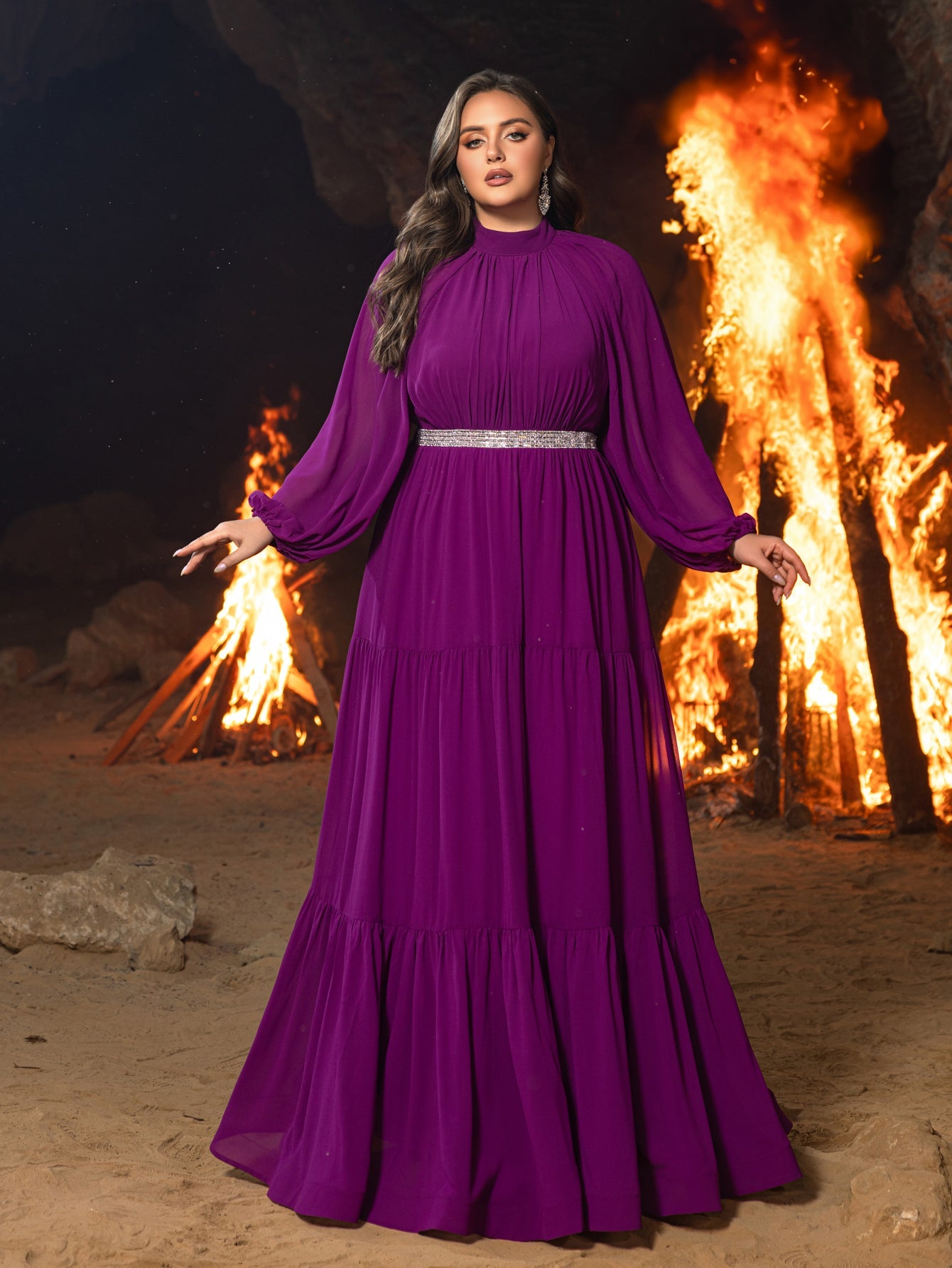 Plus Chiffon Mock Neck Evening Gown with Tiered Ruffles – Structured Purple / 5XL