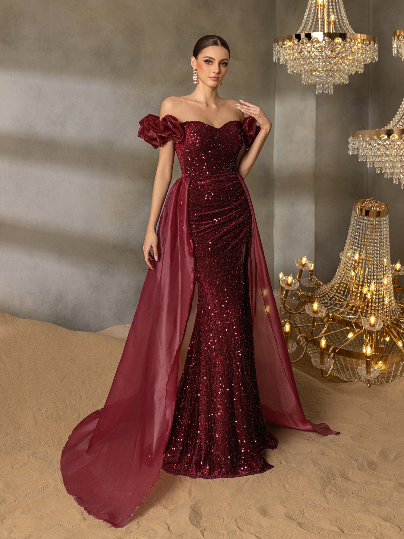 Off Shoulder Split Thigh Sequin Mermaid Formal Dress