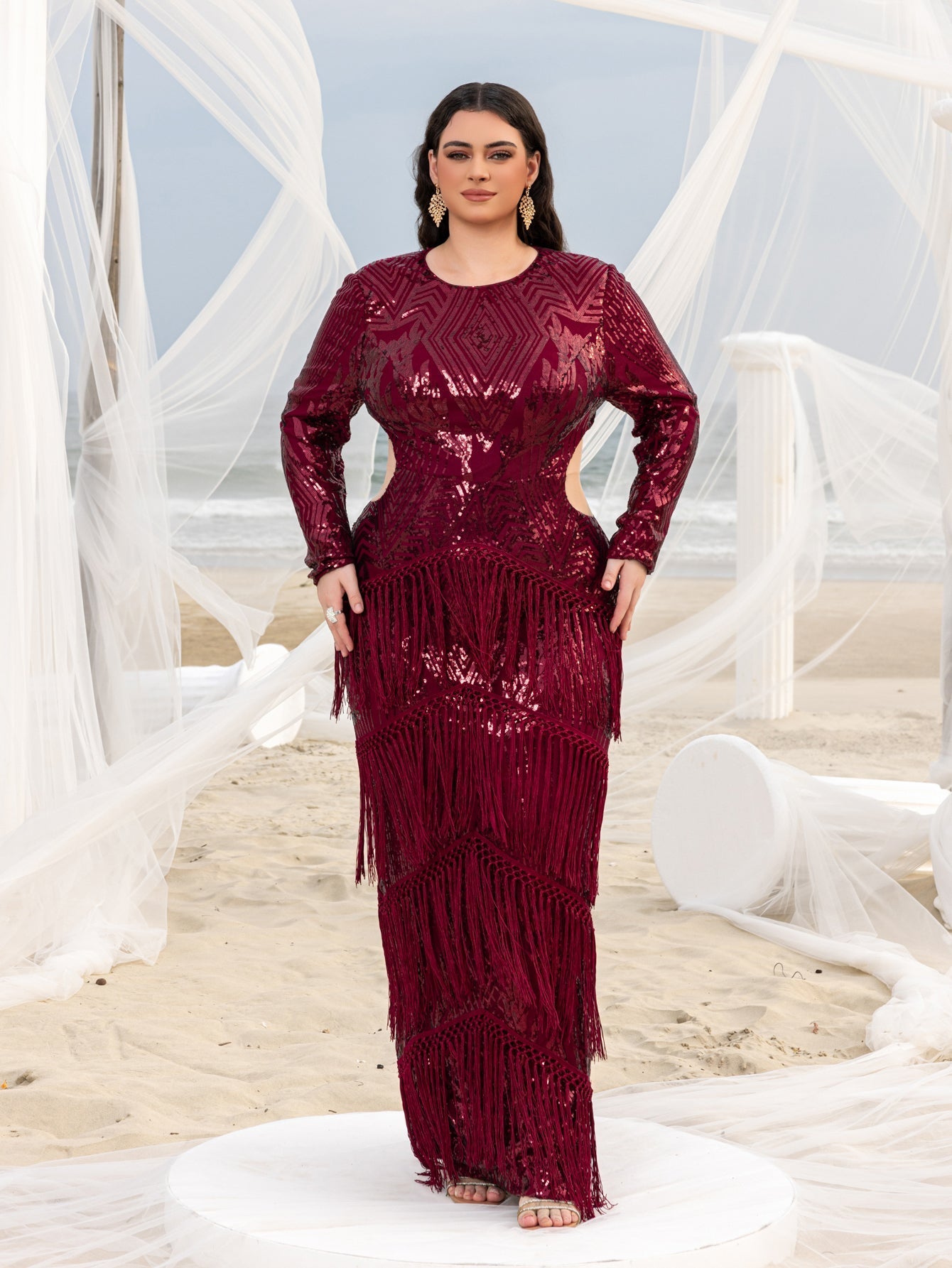 Plus Gorgeous Cut Out Waist Fringed Sequin Party Dress