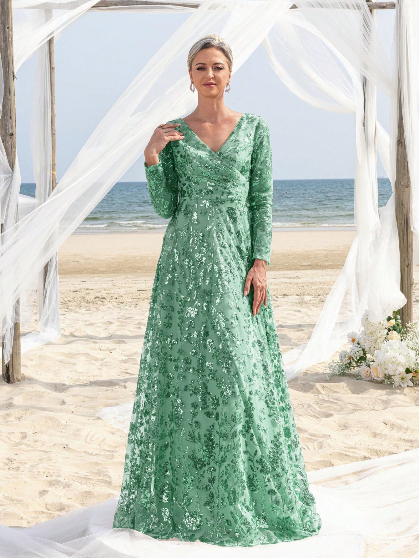 Womens' Elegant V-Neck Evening Gown with Delicate Lace & Silver Embroidery – Long Flowing Skirt for Seaside Weddings & Romantic Beach Events