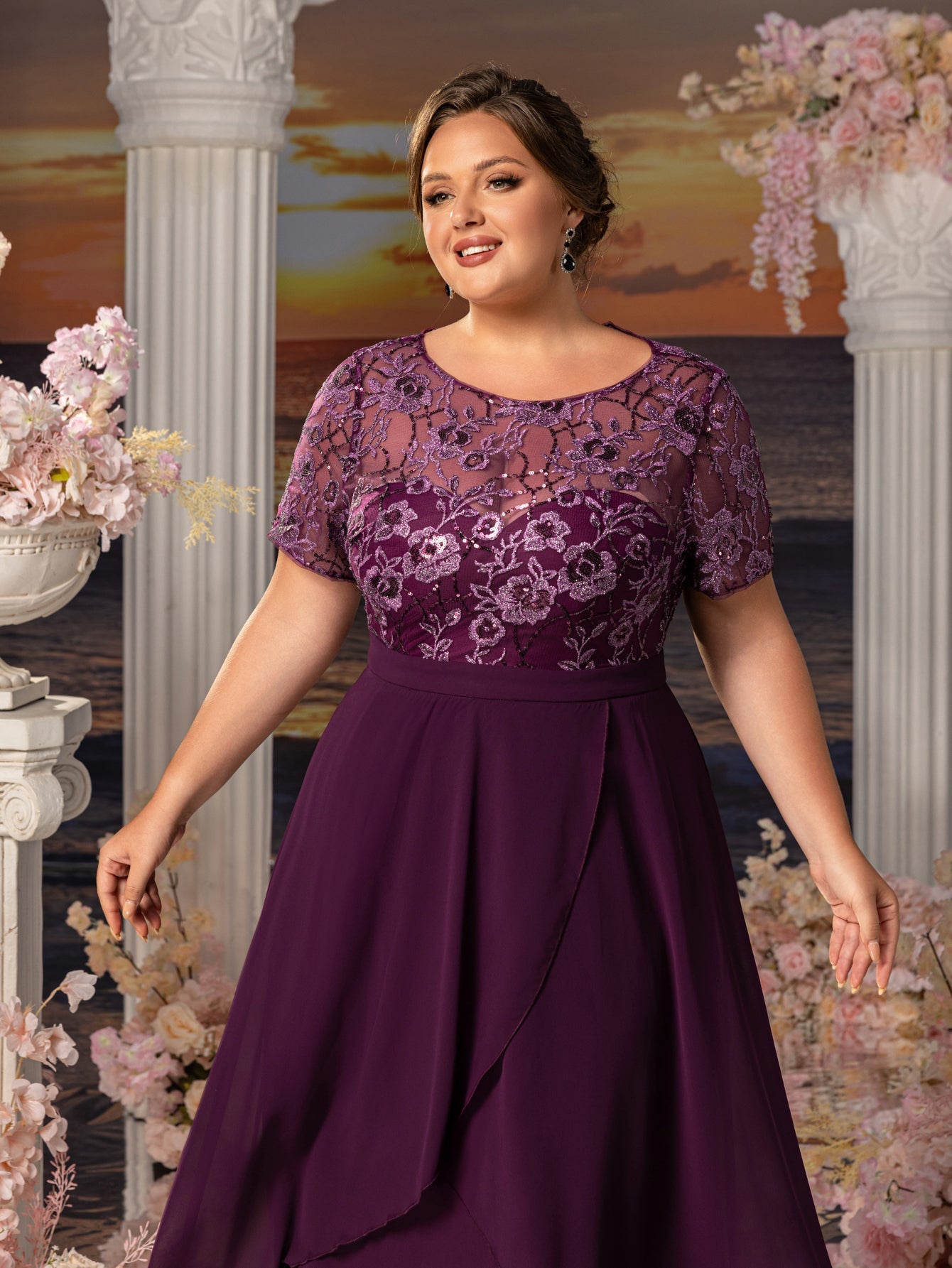 Plus Womens' Elegant Mother-of-the-Bride Gown: Embroidered Sequin Bodice with Asymmetric Chiffon Skirt – Formal Dress for Beach Weddings & Evening Galas