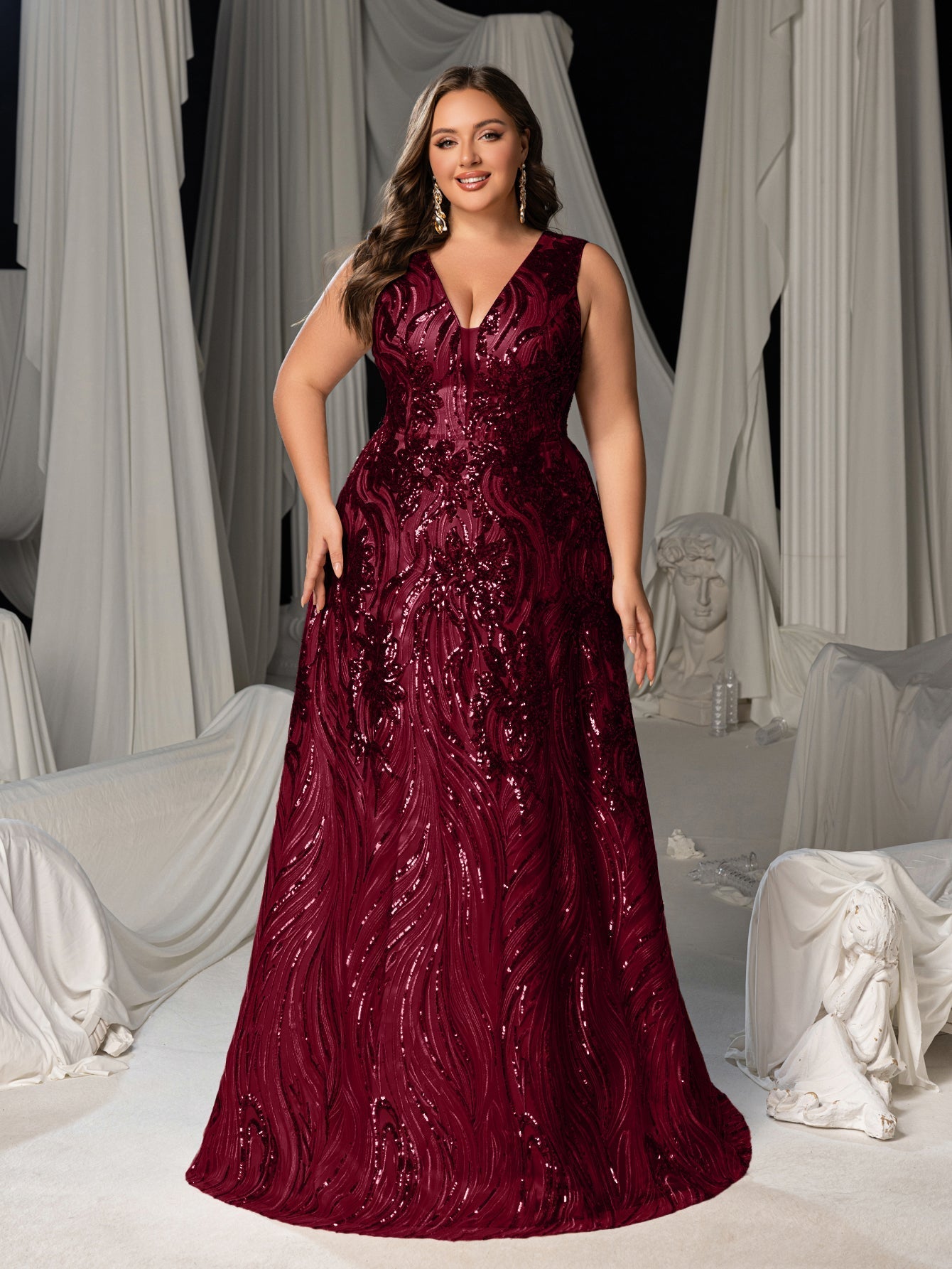 Plus Floral Sequin V Neck Sleeveless A-Line Formal Dress