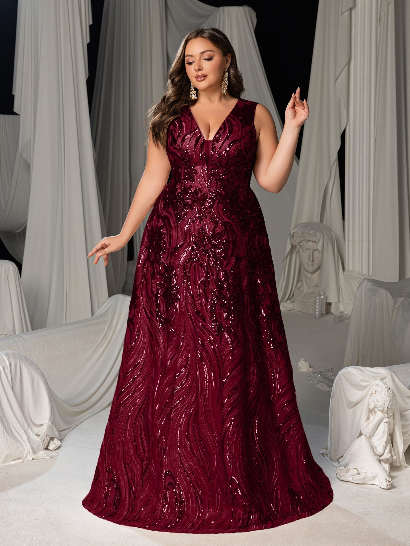 Plus Floral Sequin V Neck Sleeveless A-Line Formal Dress