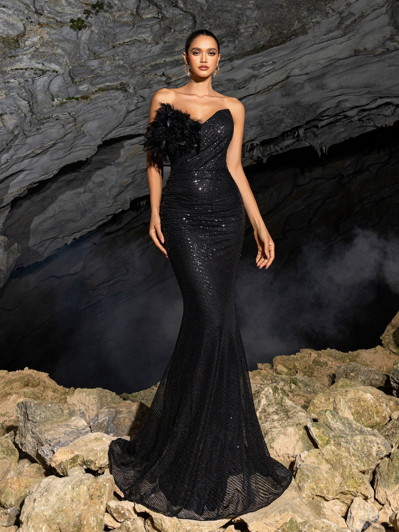 Elegant Feather Accent Strapless Mermaid Gown with Lace-Up Back