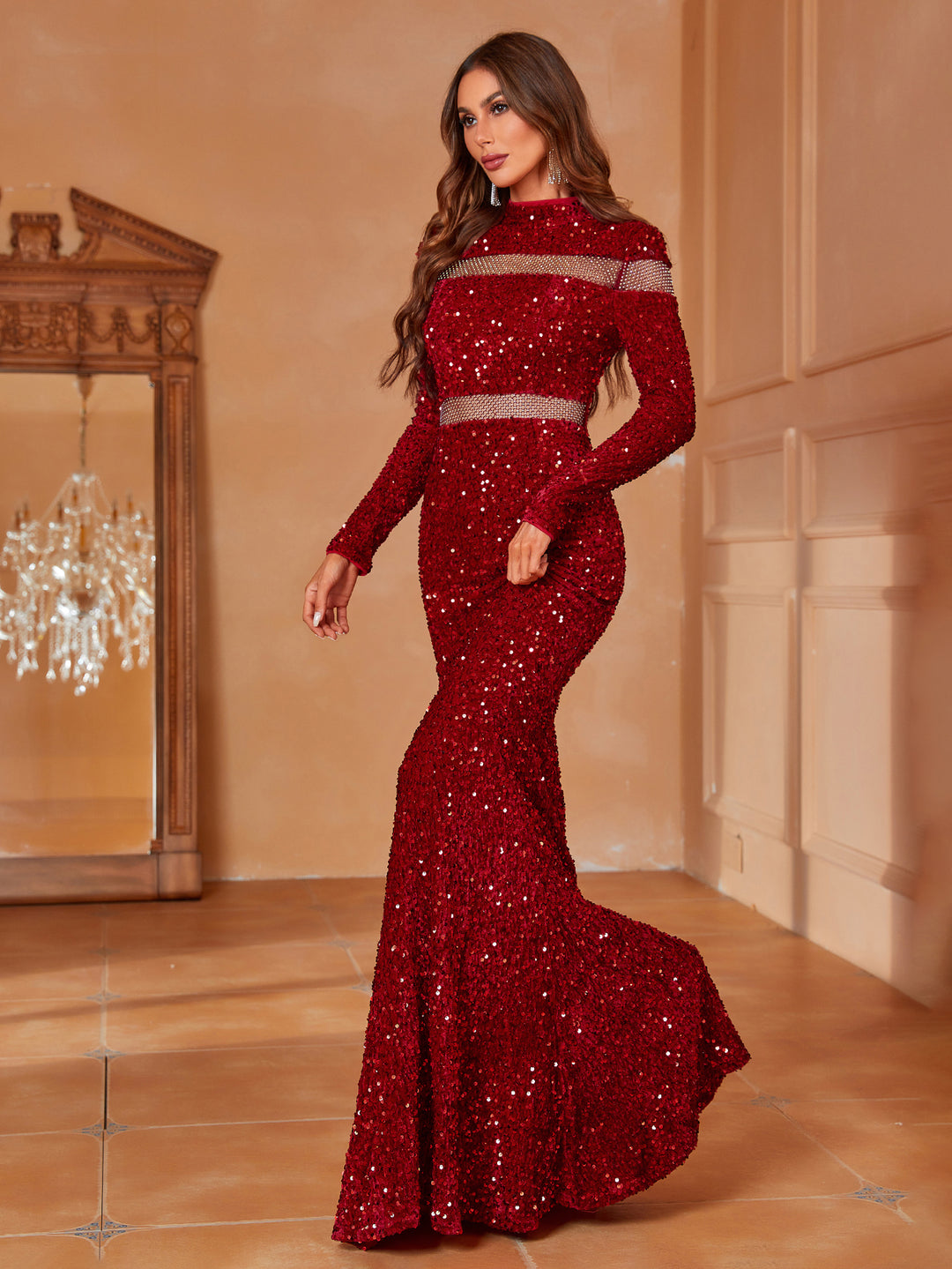 Cut Out Front  Stand Neck Long Sleeve Sequin Mermaid Dress