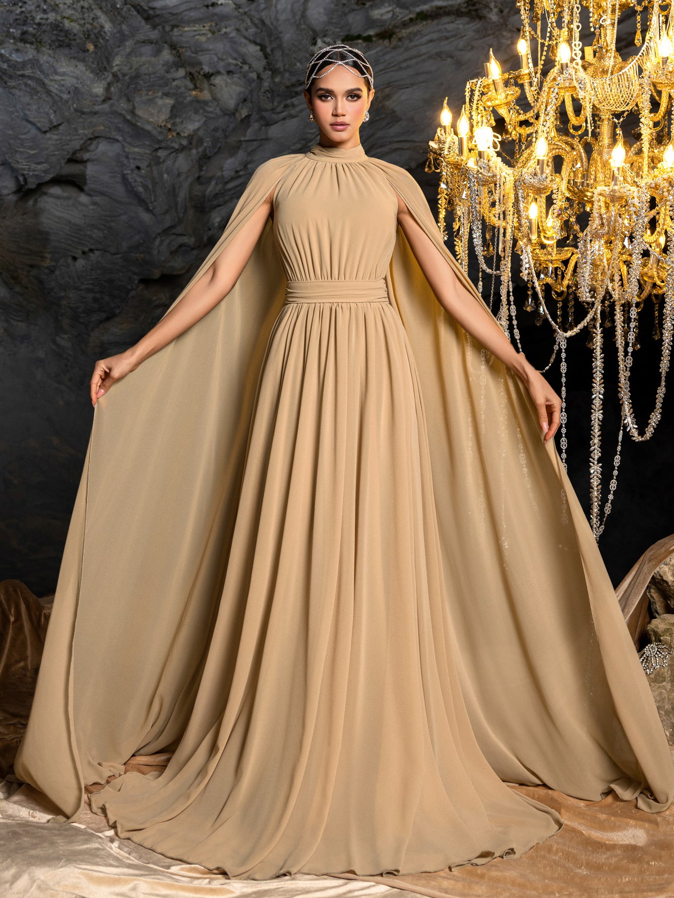 Elegant Mock Neck Cloak Sleeve Chiffon Formal Dress