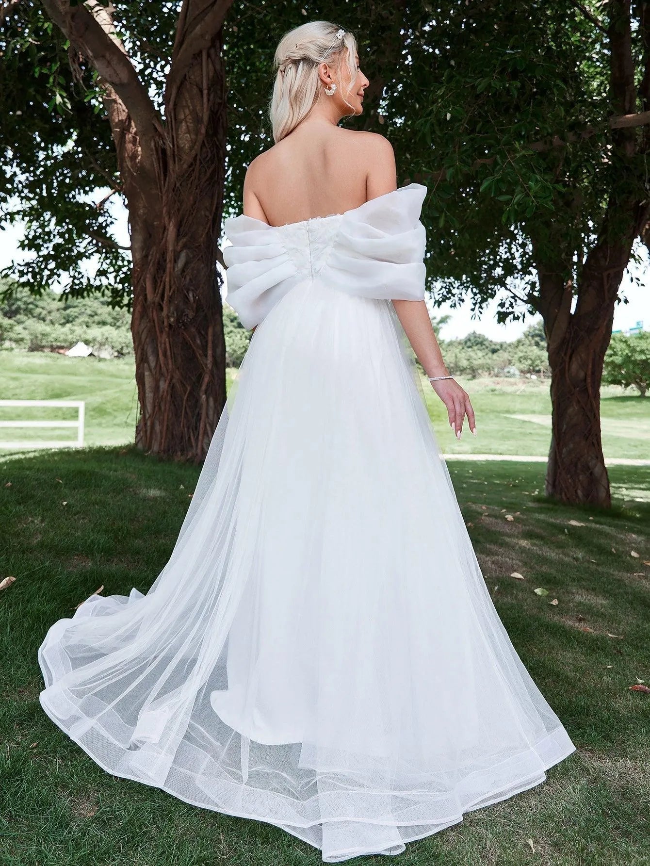 mesh wedding dress Floral Applique Off Shoulder Mesh Wedding Dress White / S