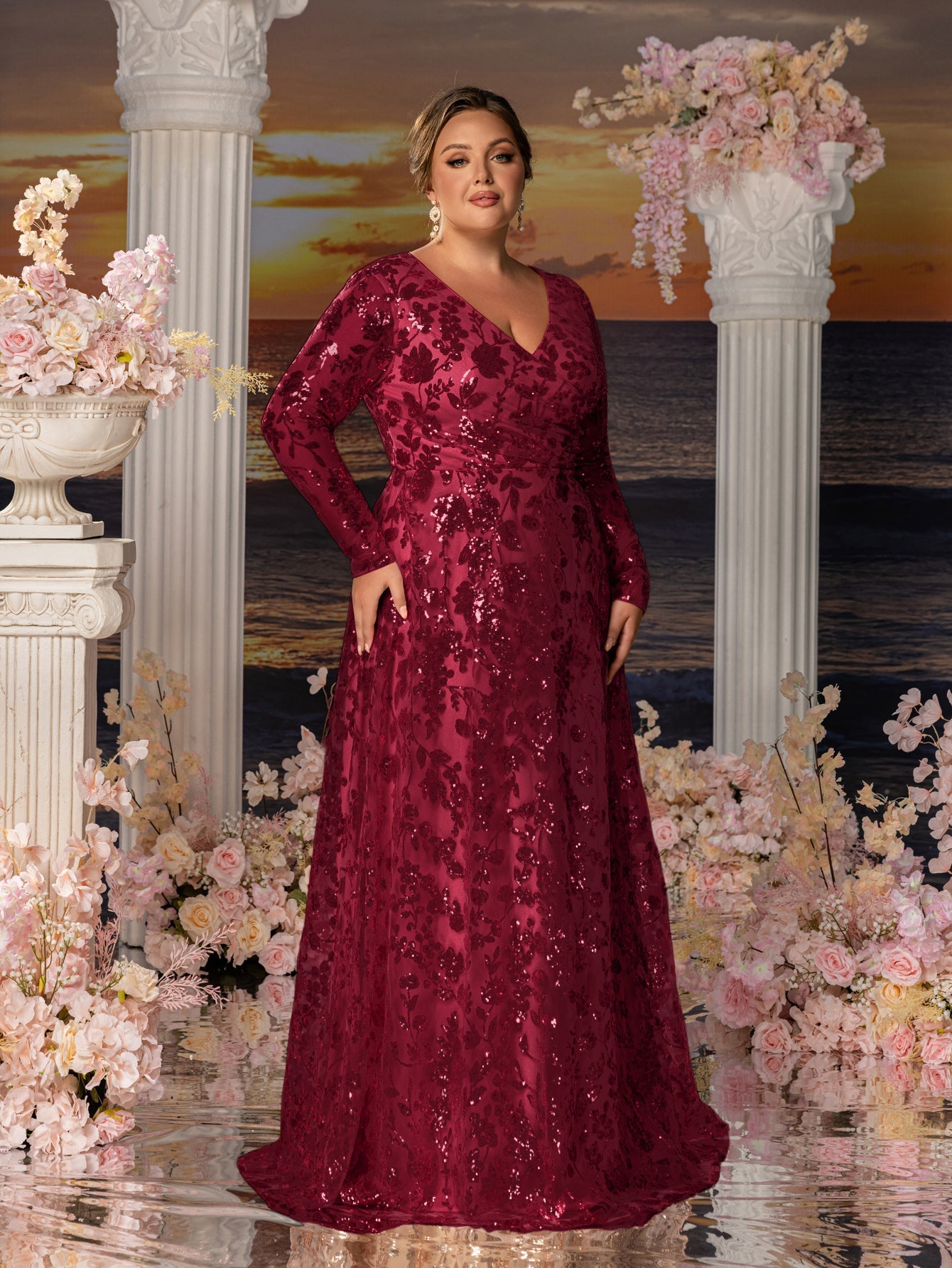 Plus Womens' Elegant V-Neck Evening Gown with Delicate Lace & Silver Embroidery – Long Flowing Skirt for Seaside Weddings & Romantic Beach Events