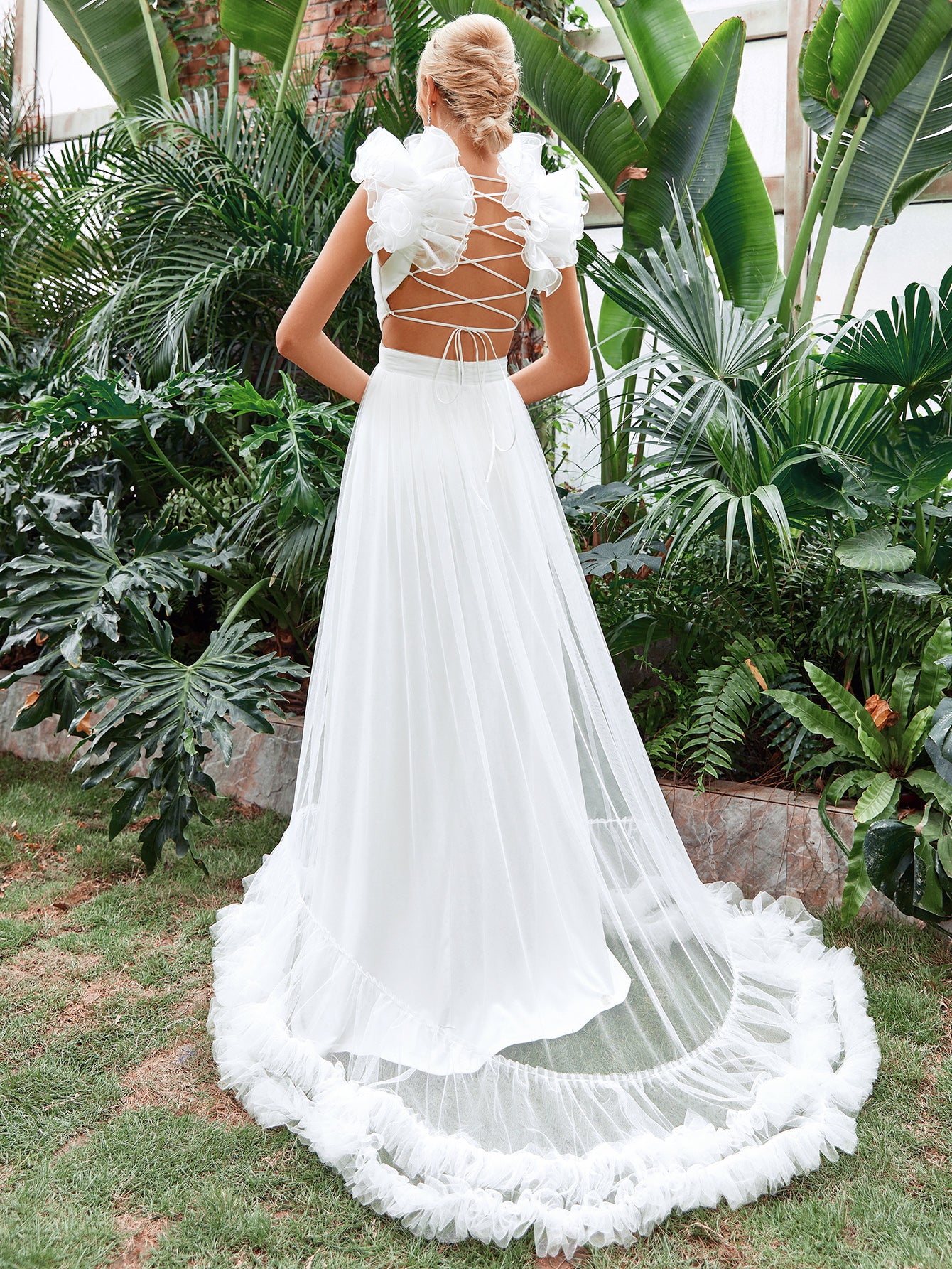 Backless Lace Up Ruffle Trim Cami Wedding Dress