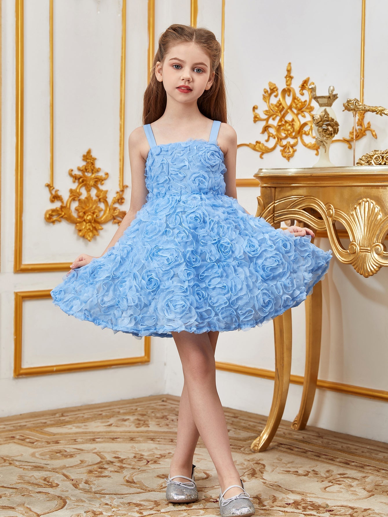 Tween Girls' Floral Applique A-line Cami Party Dress Blue / 12Y Tween Girls' Floral Applique A-line Cami Party Dress Blue / 12Y