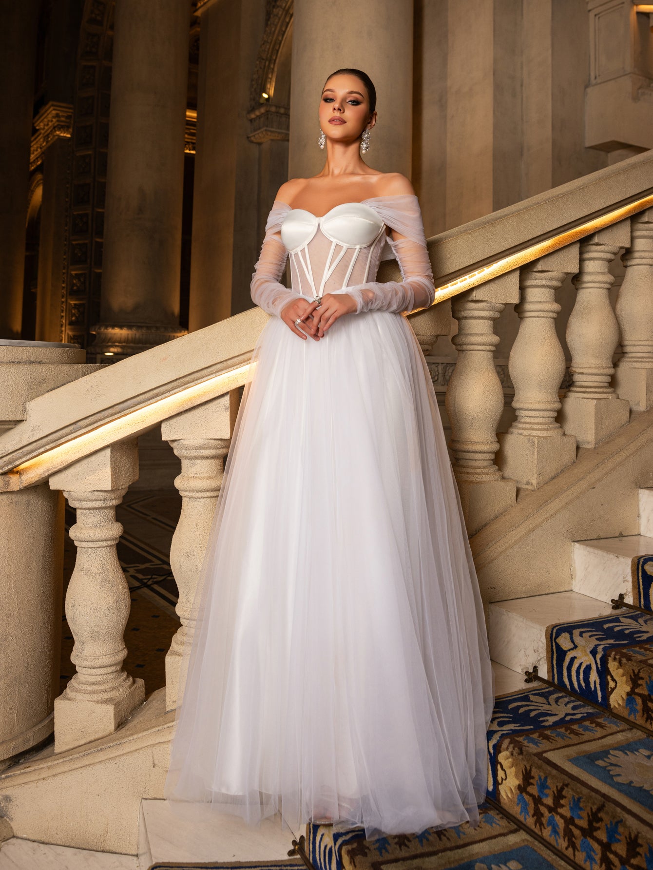 Elegant Off Shoulder Sheer Sleeves Tulle Evening Gown Wedding Dress