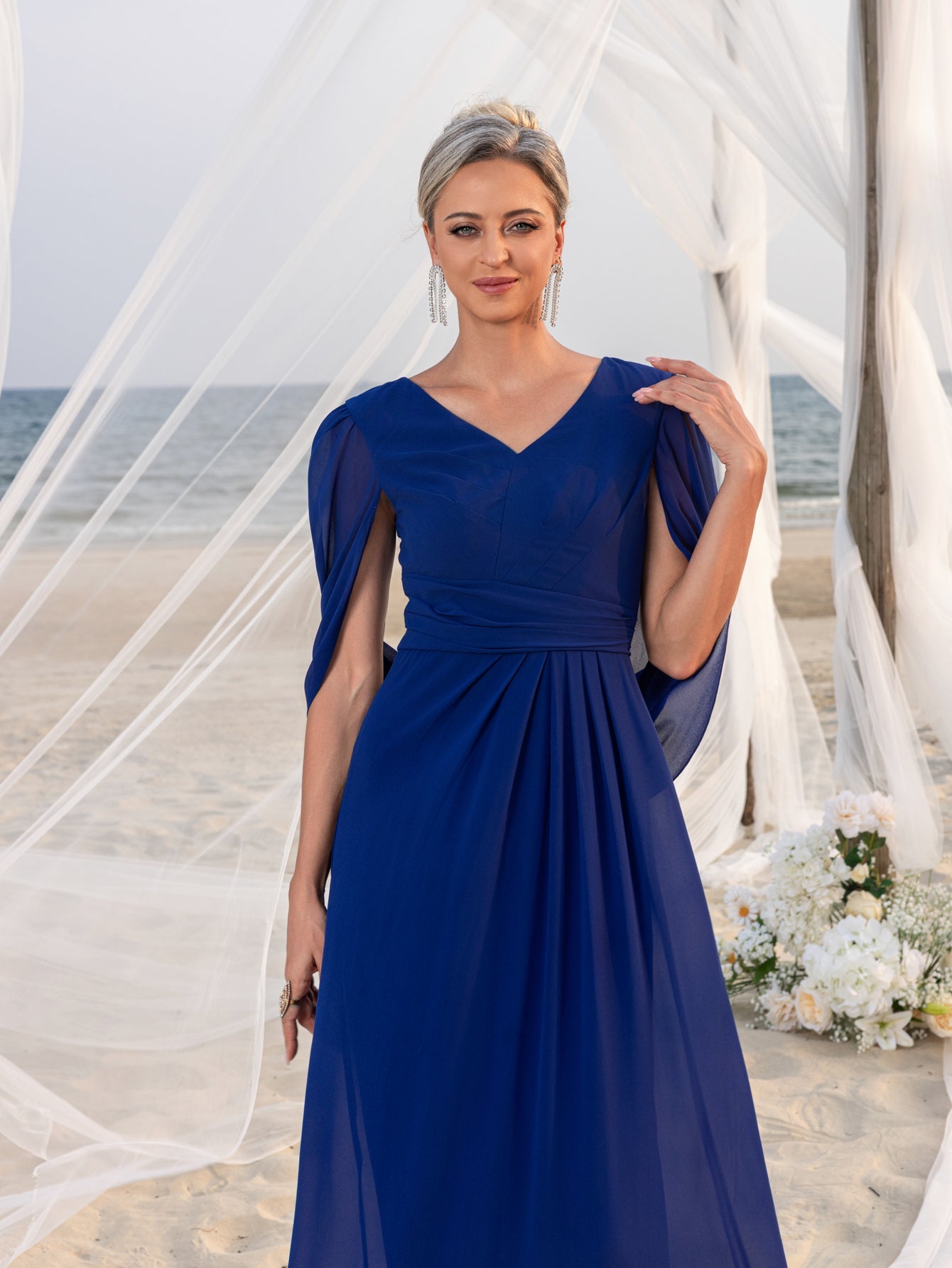 Womens' V-Neck Long-Sleeve Evening Gown with Short Flutter Sleeves – Flowing Tulle Shawl for Outdoor Ceremonies, Formal Garden Parties & Upscale Evening Events