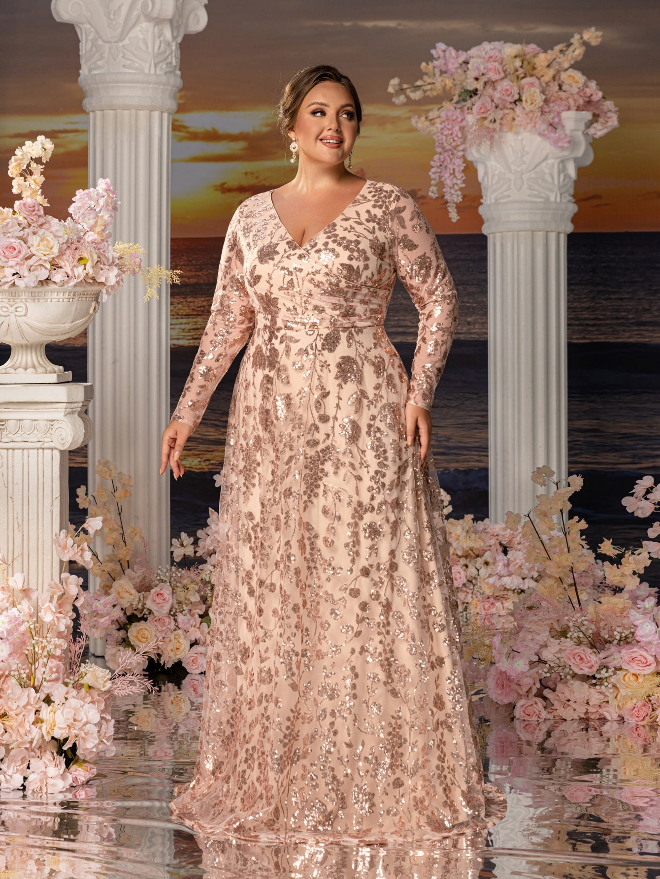 Plus Womens' Elegant V-Neck Evening Gown with Delicate Lace & Silver Embroidery – Long Flowing Skirt for Seaside Weddings & Romantic Beach Events