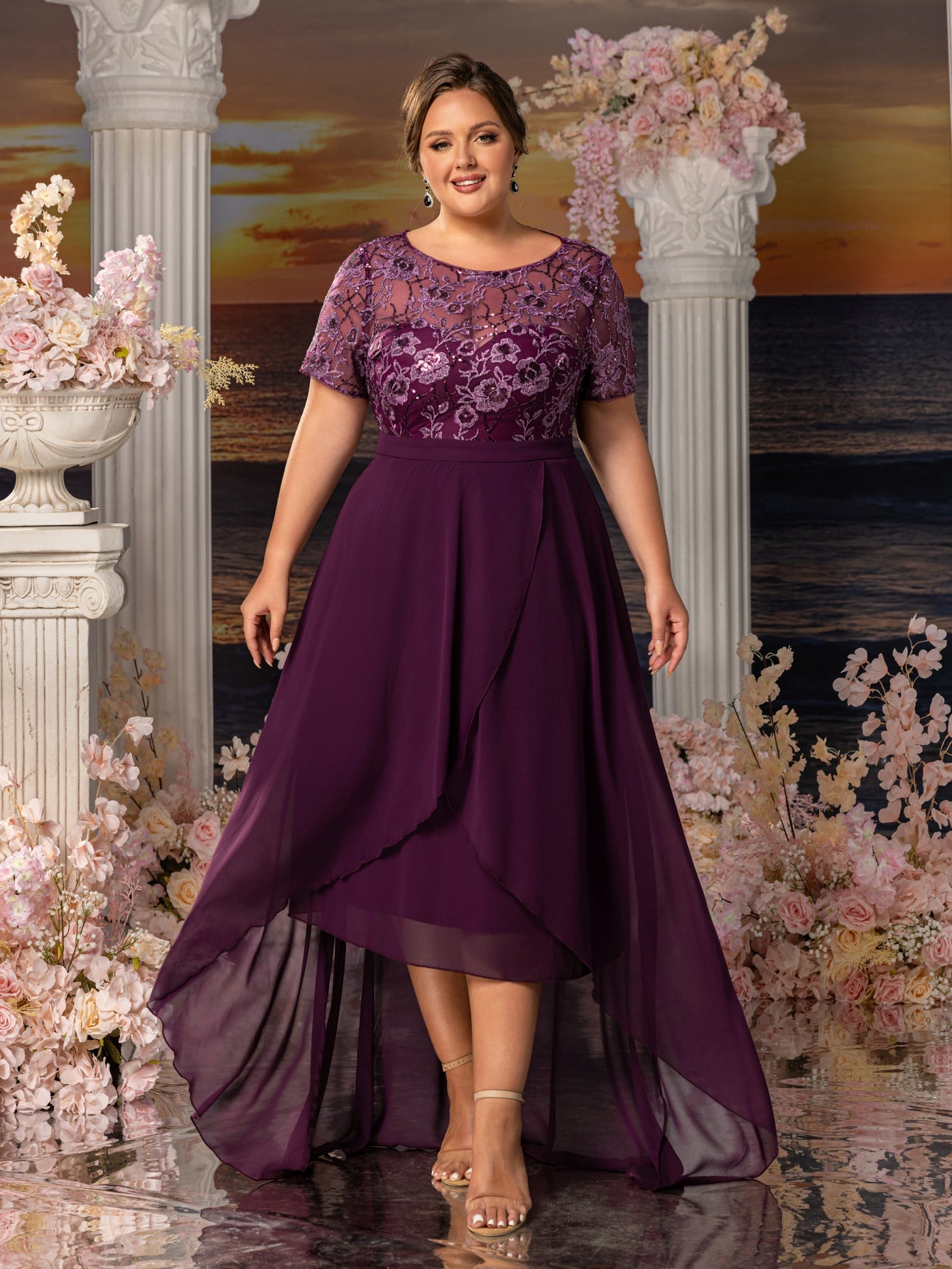 Plus Womens' Elegant Mother-of-the-Bride Gown: Embroidered Sequin Bodice with Asymmetric Chiffon Skirt – Formal Dress for Beach Weddings & Evening Galas